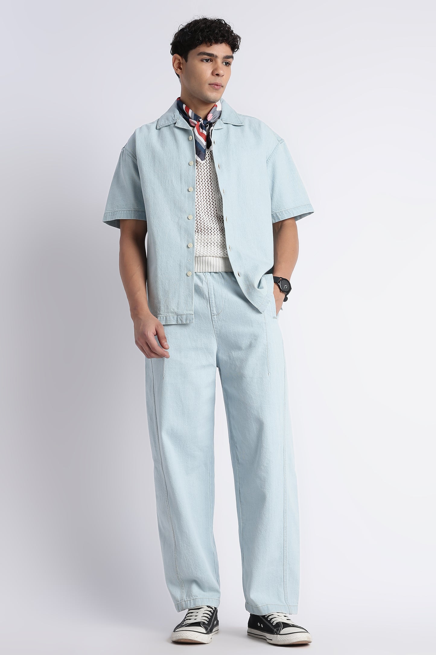 Ice Blue Wide-Leg Drawstring Denim Pants