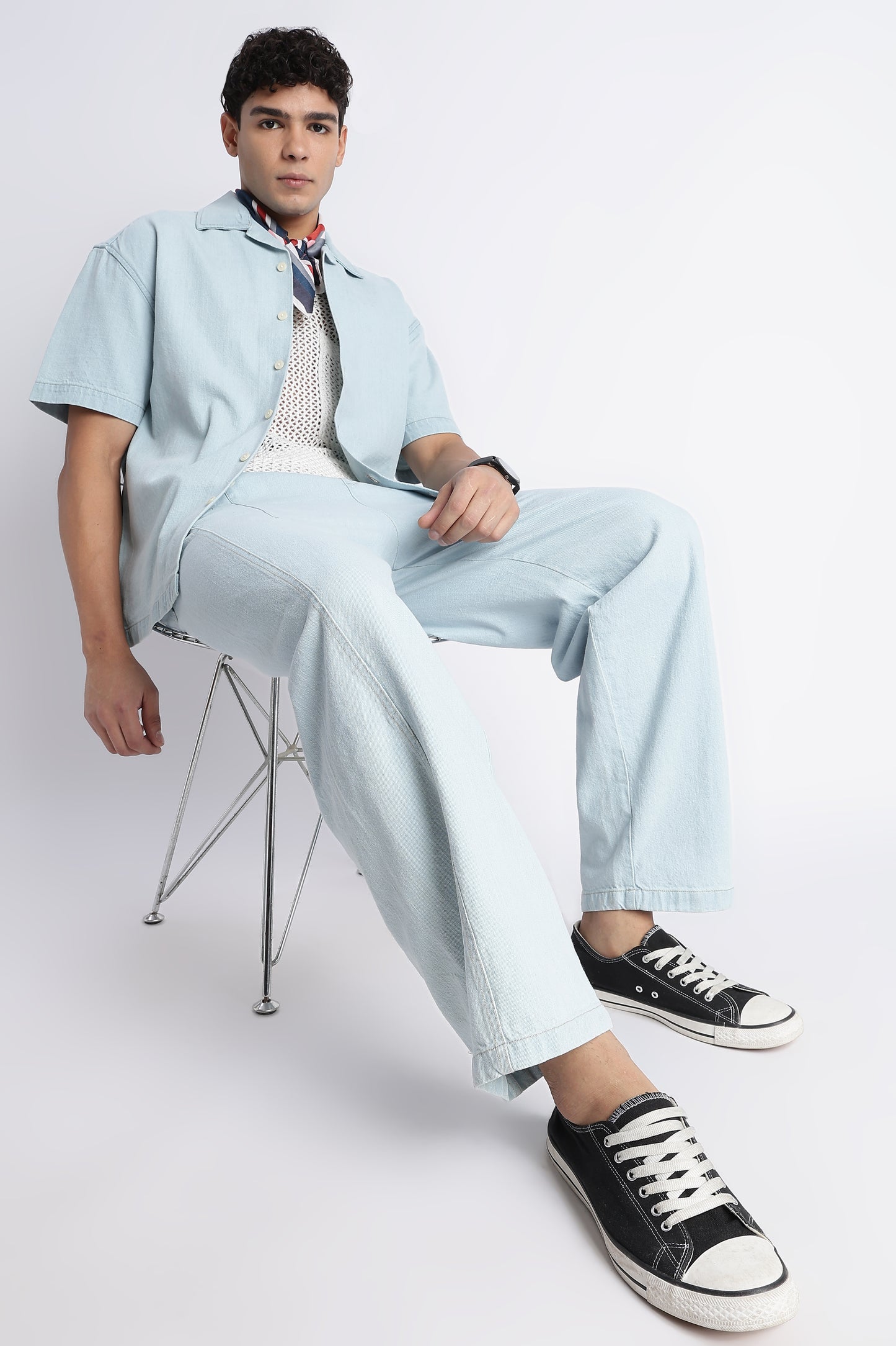 Ice Blue Wide-Leg Drawstring Denim Pants