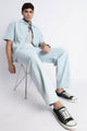 Ice Blue Wide-Leg Drawstring Denim Pants