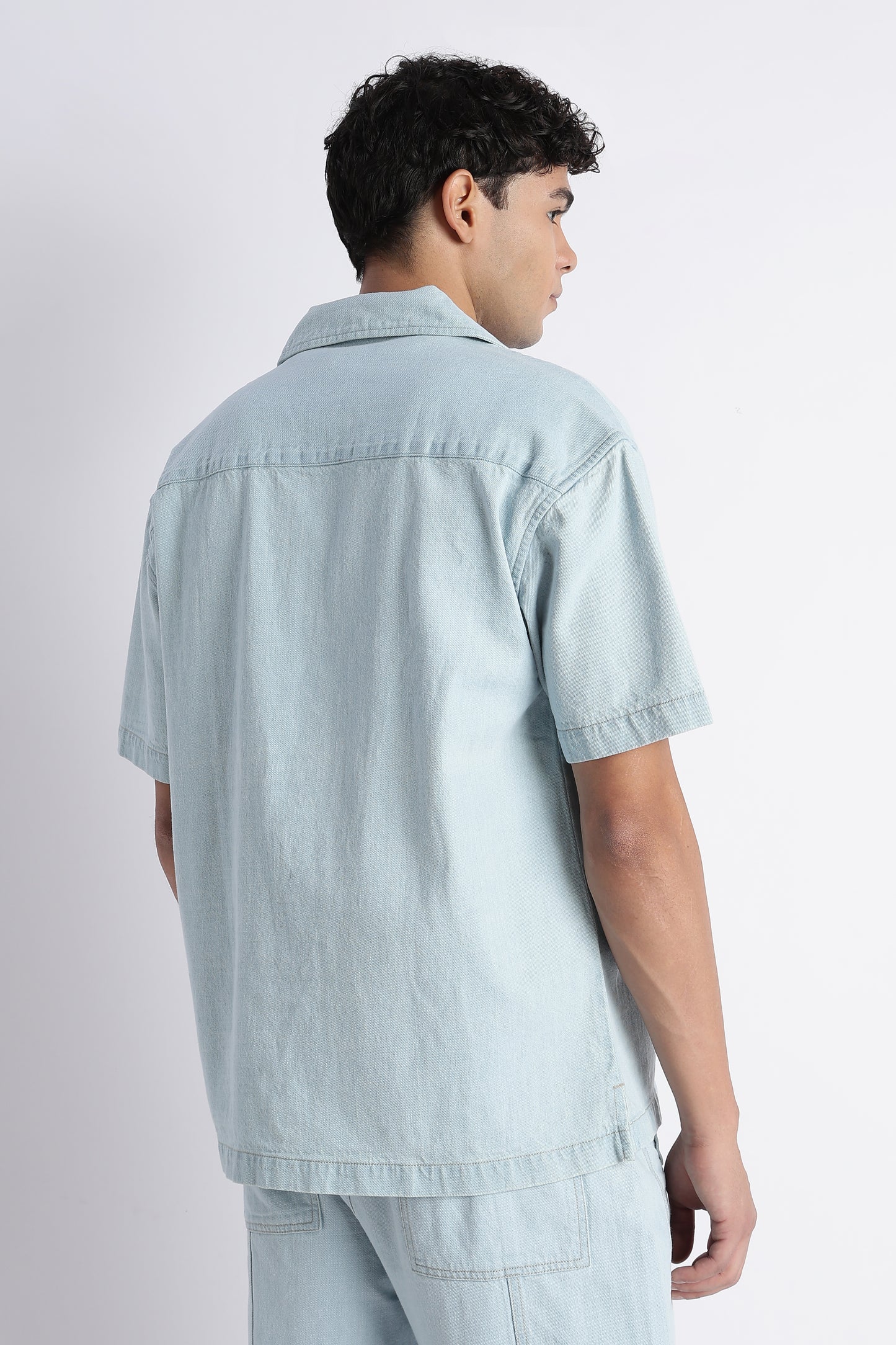 Ice Blue Denim Cuban Collar Shirt