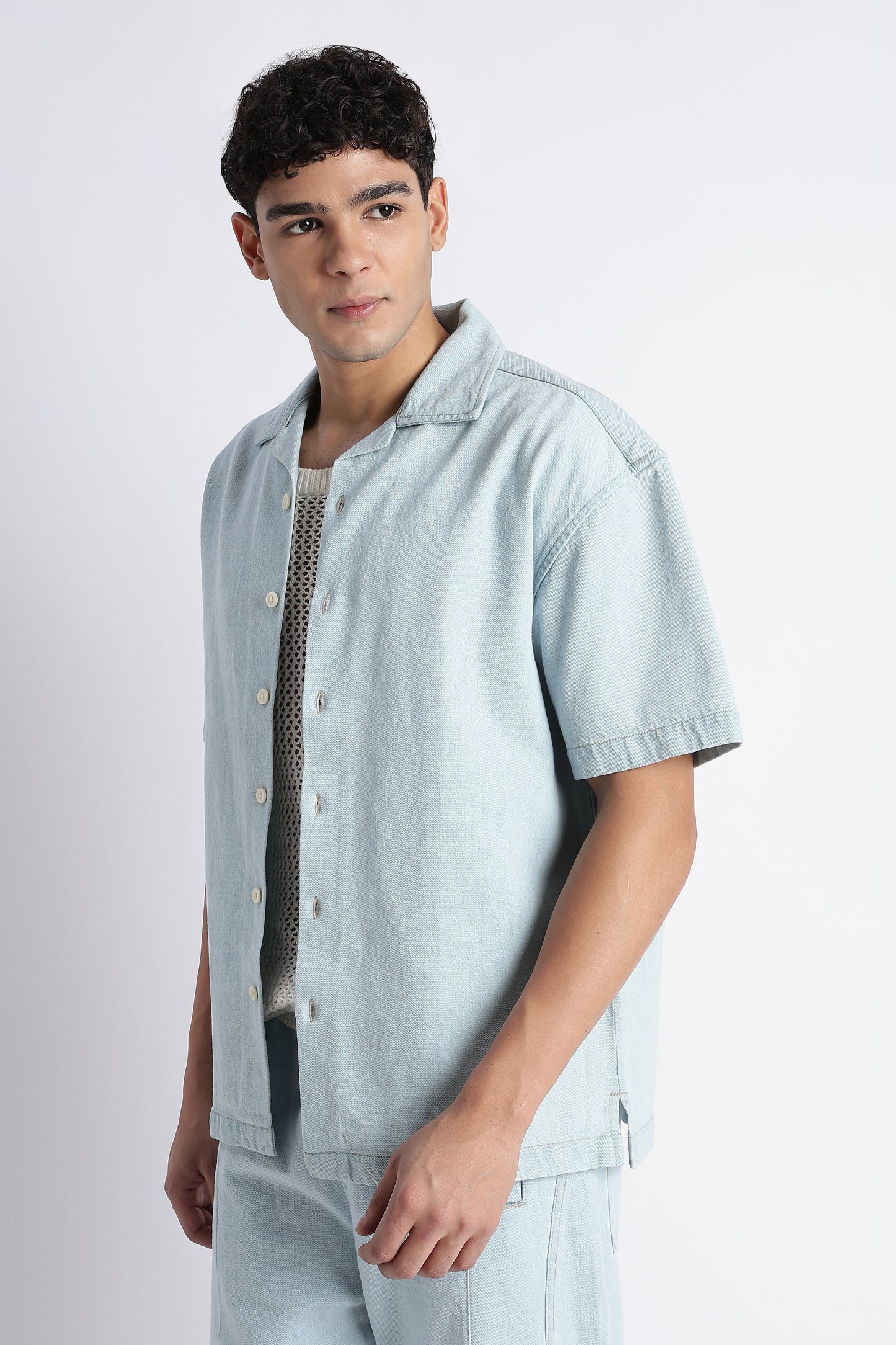 Ice Blue Denim Cuban Collar Shirt