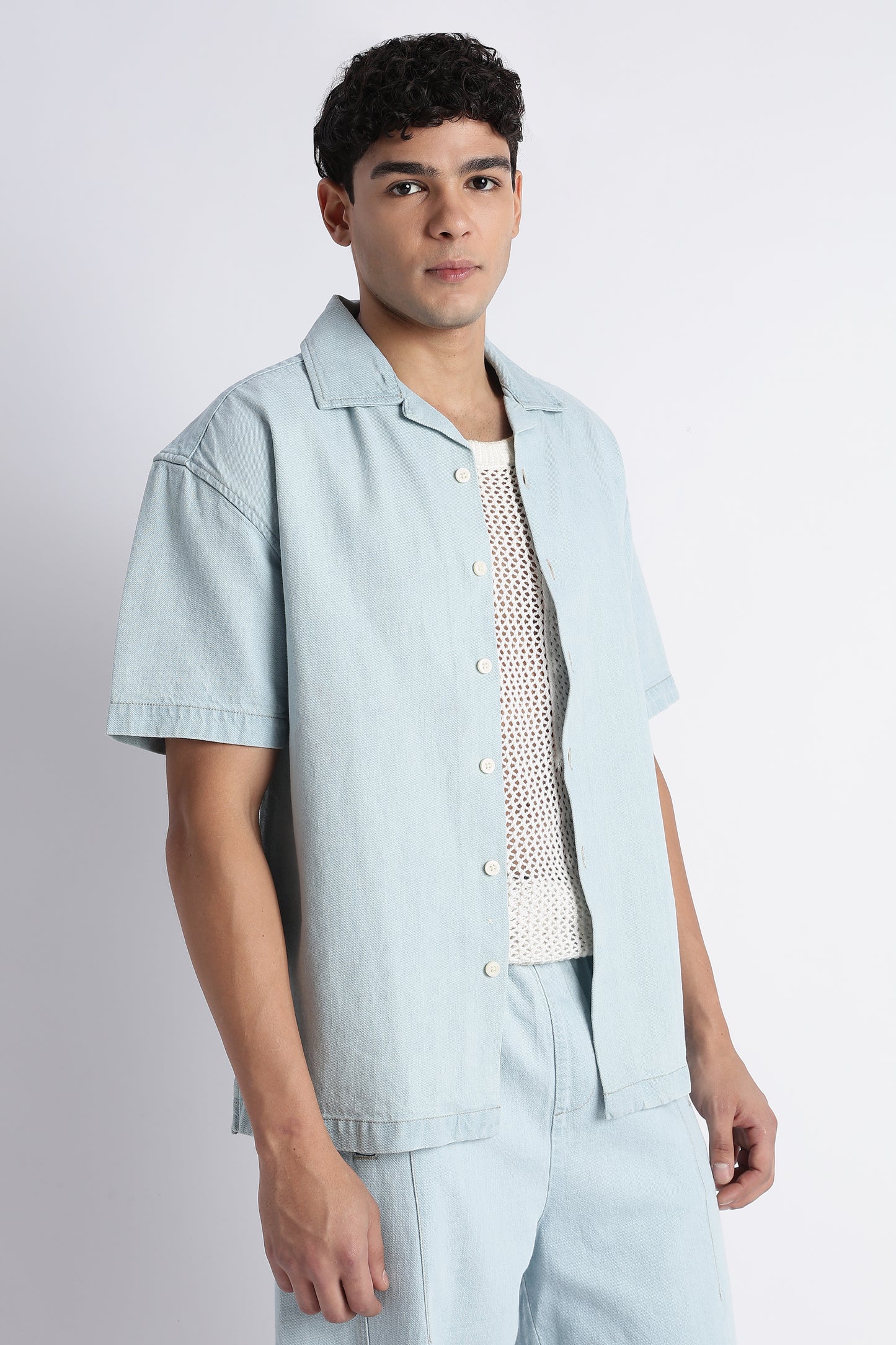 Ice Blue Denim Cuban Collar Shirt
