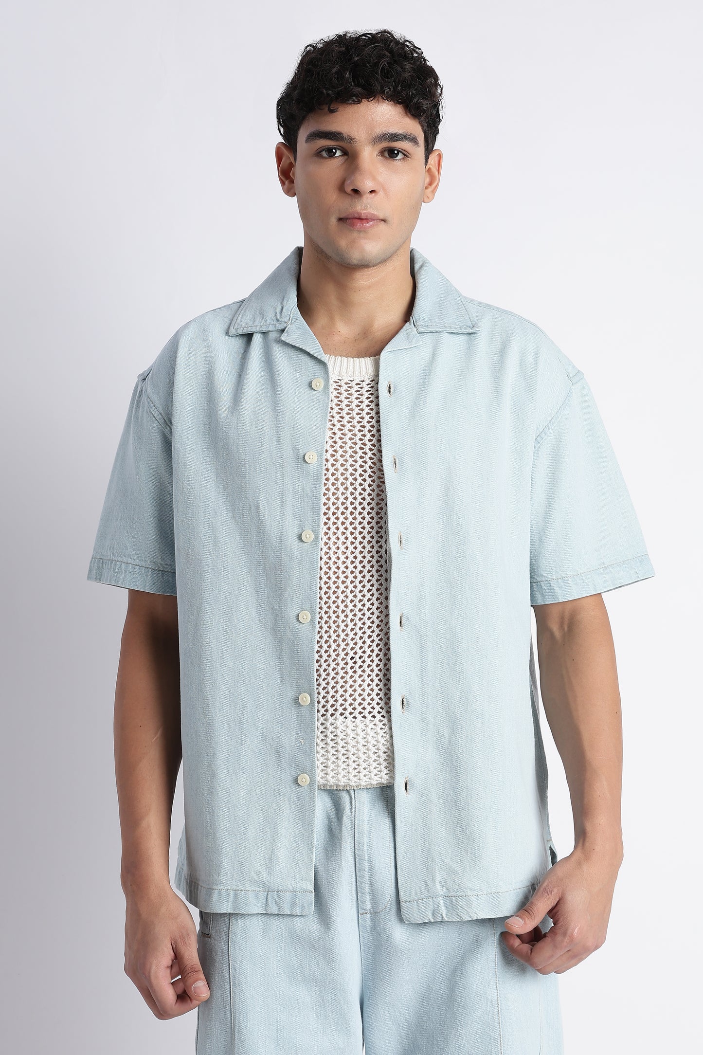 Ice Blue Denim Cuban Collar Shirt
