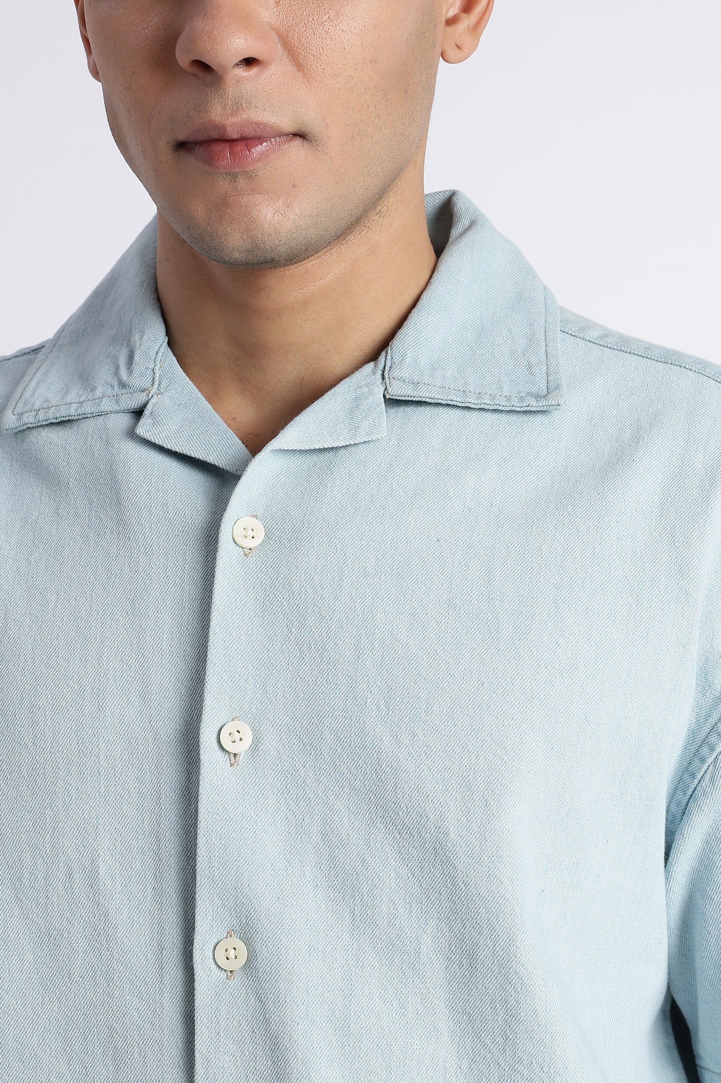 Ice Blue Denim Cuban Collar Shirt