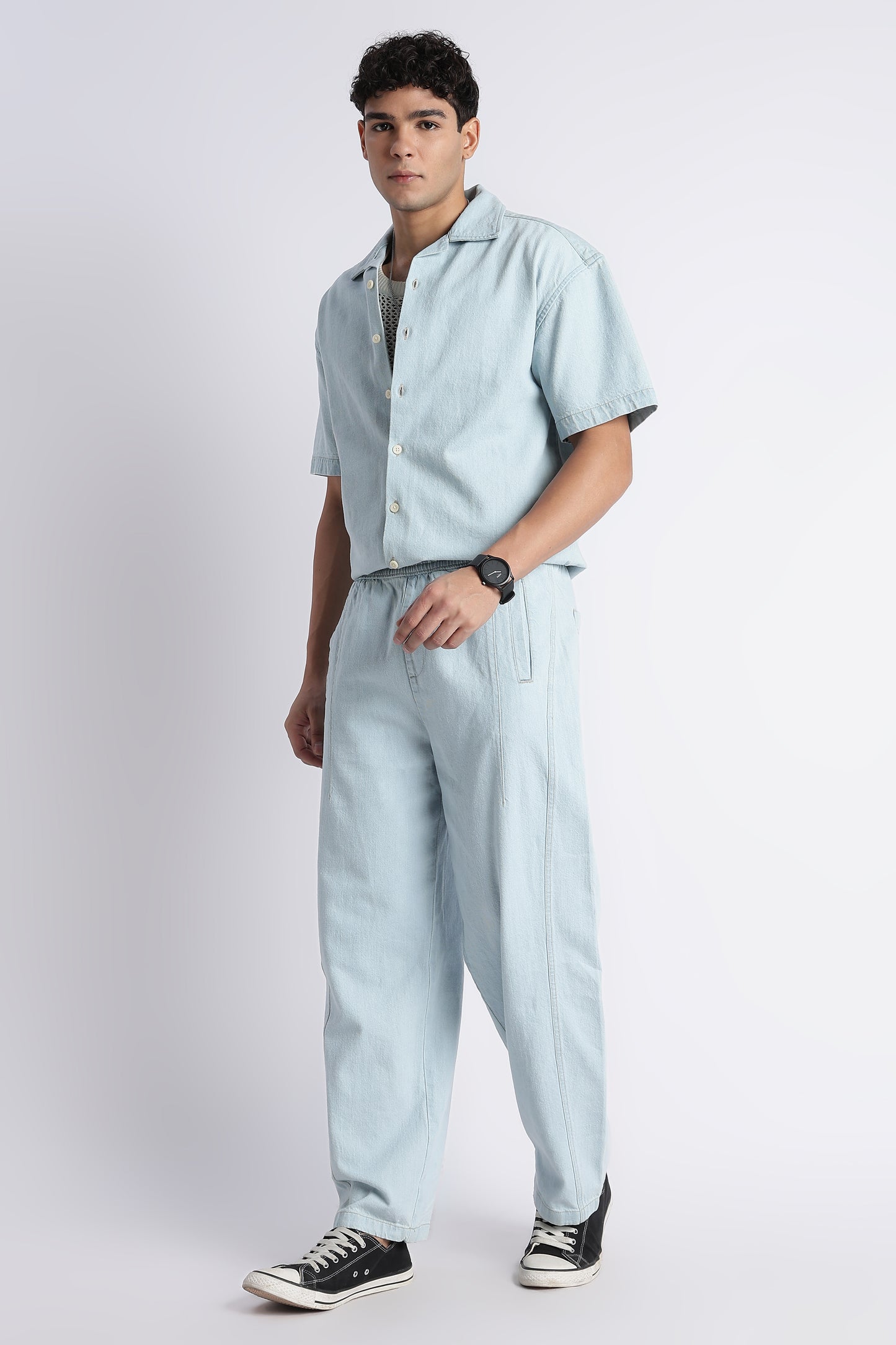 Ice Blue Denim Cuban Collar Shirt
