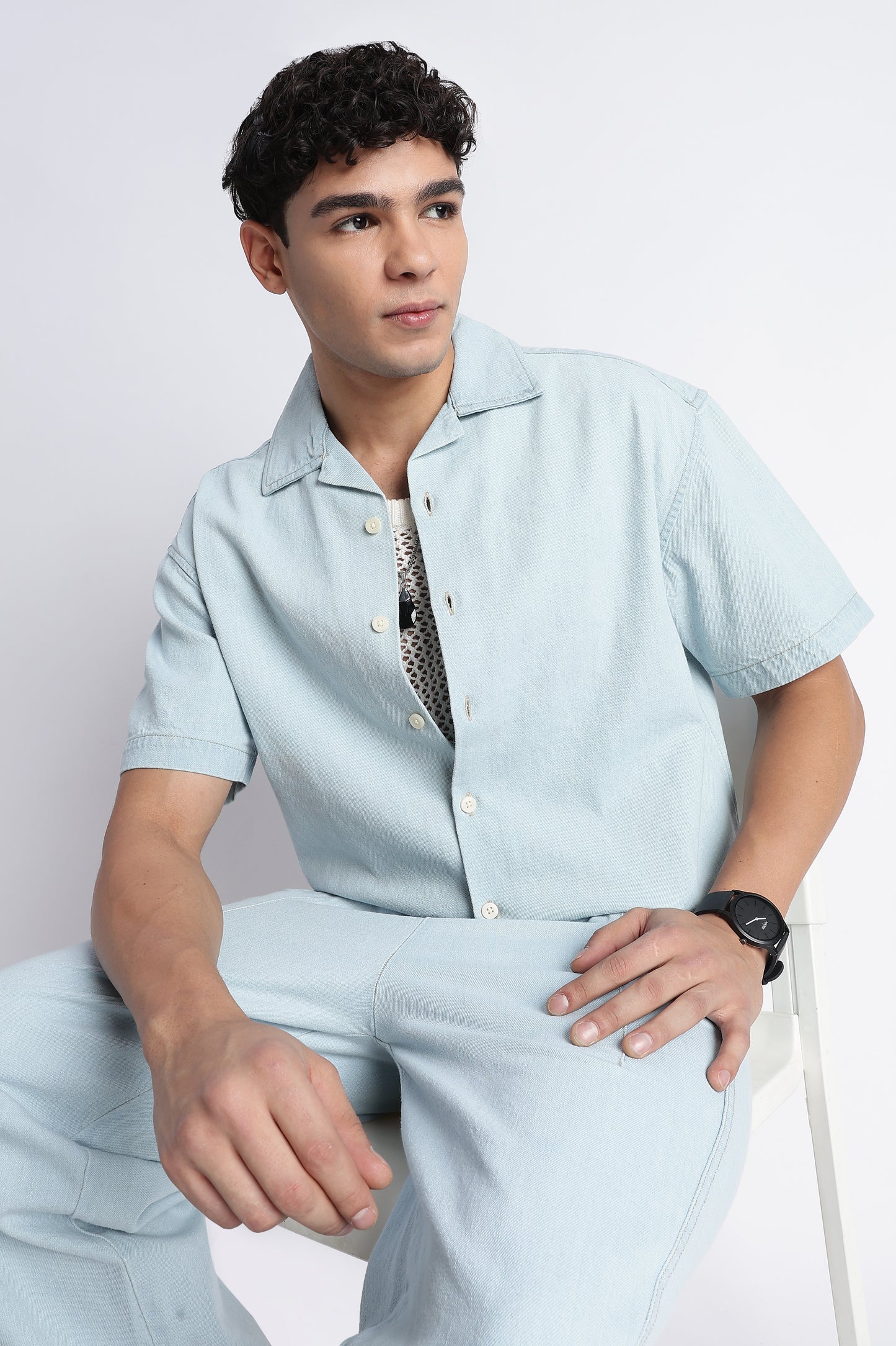 Ice Blue Denim Cuban Collar Shirt