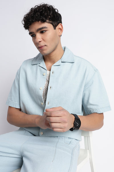 Ice Blue Denim Cuban Collar Shirt