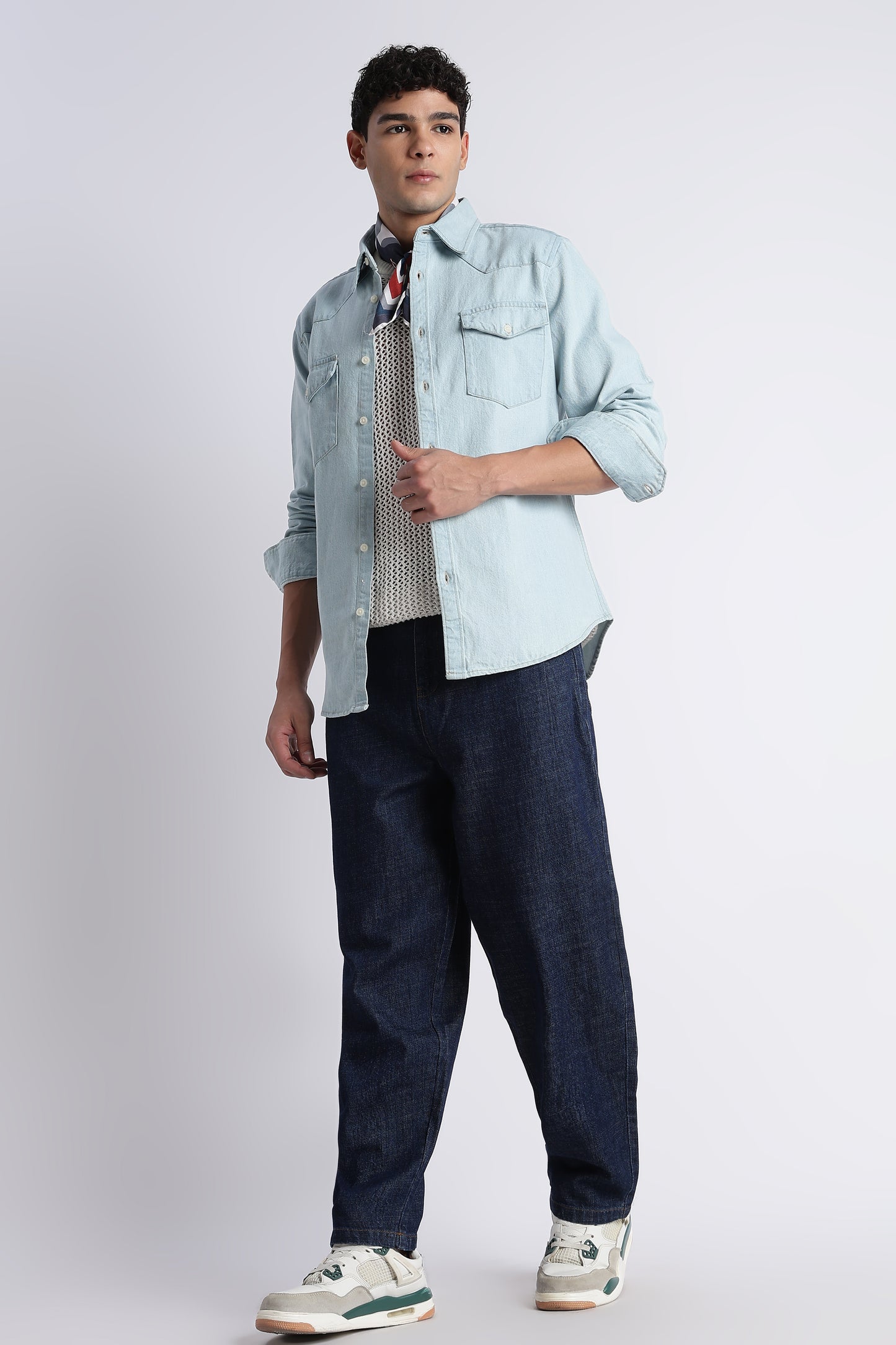 Ice Blue Western Denim Shirt for Men