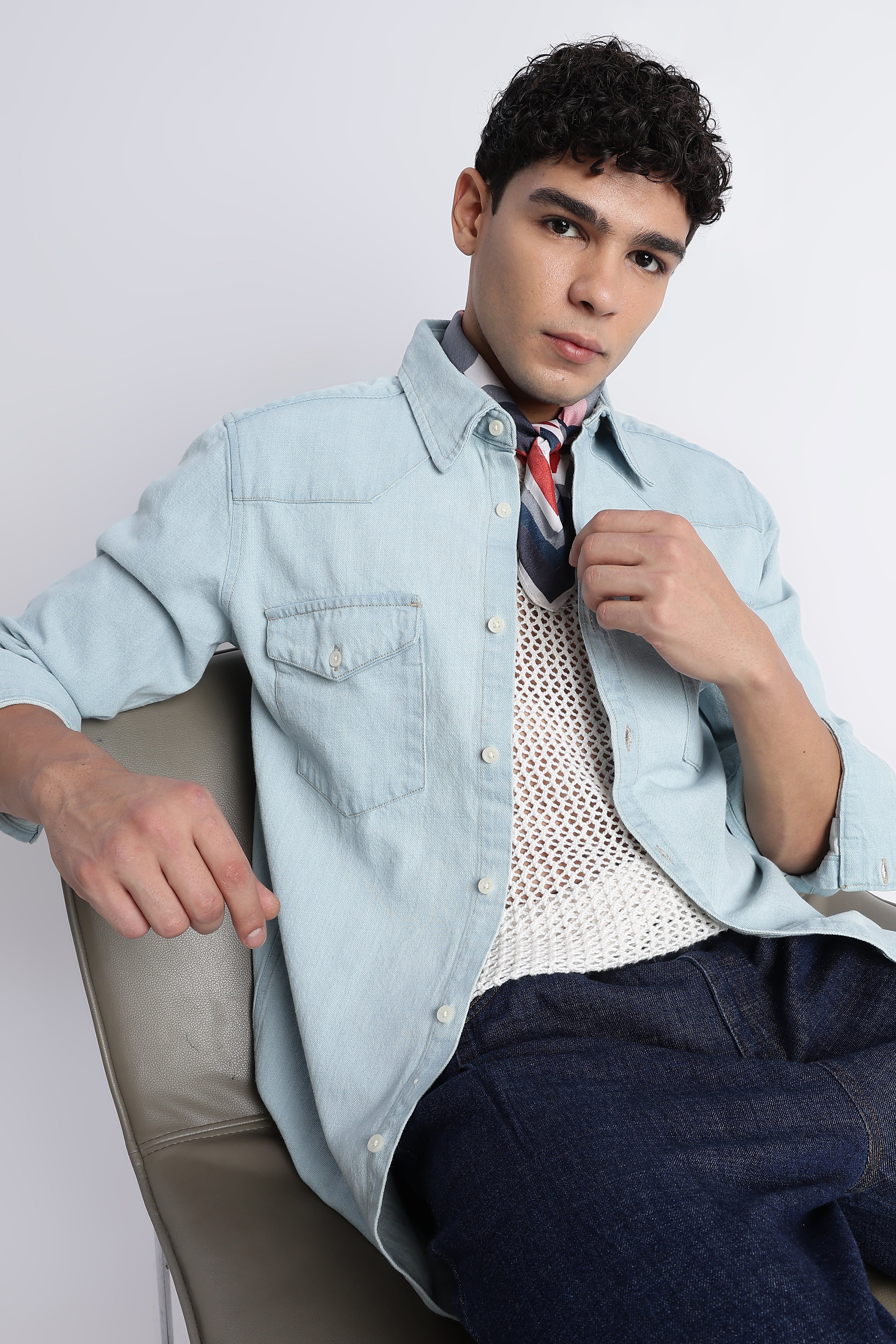 Men's Ice Blue Denim Cargo Shirt - Double Pocket