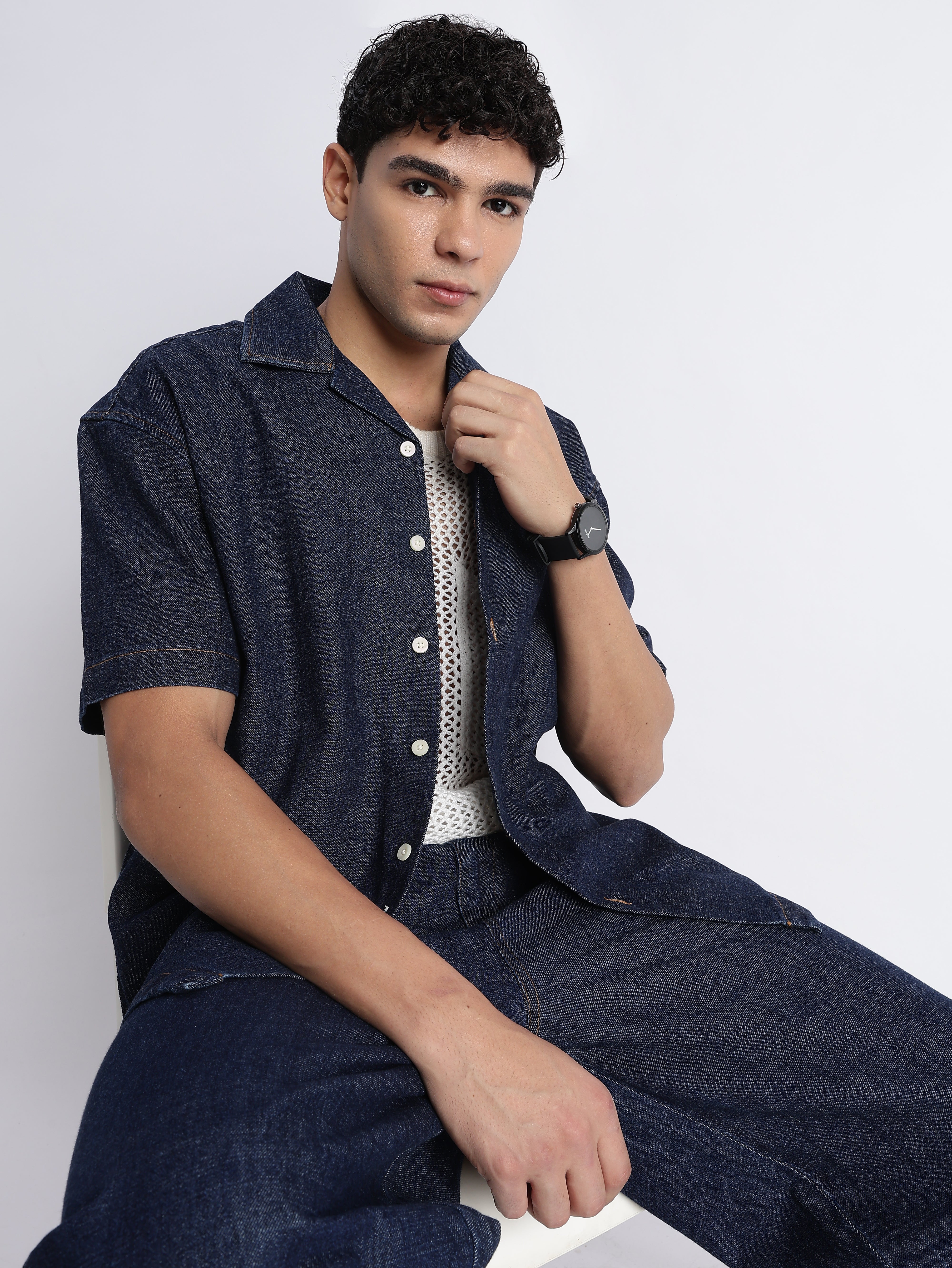 Men's Dark Blue Oversized Denim Cuban Collar Shirt