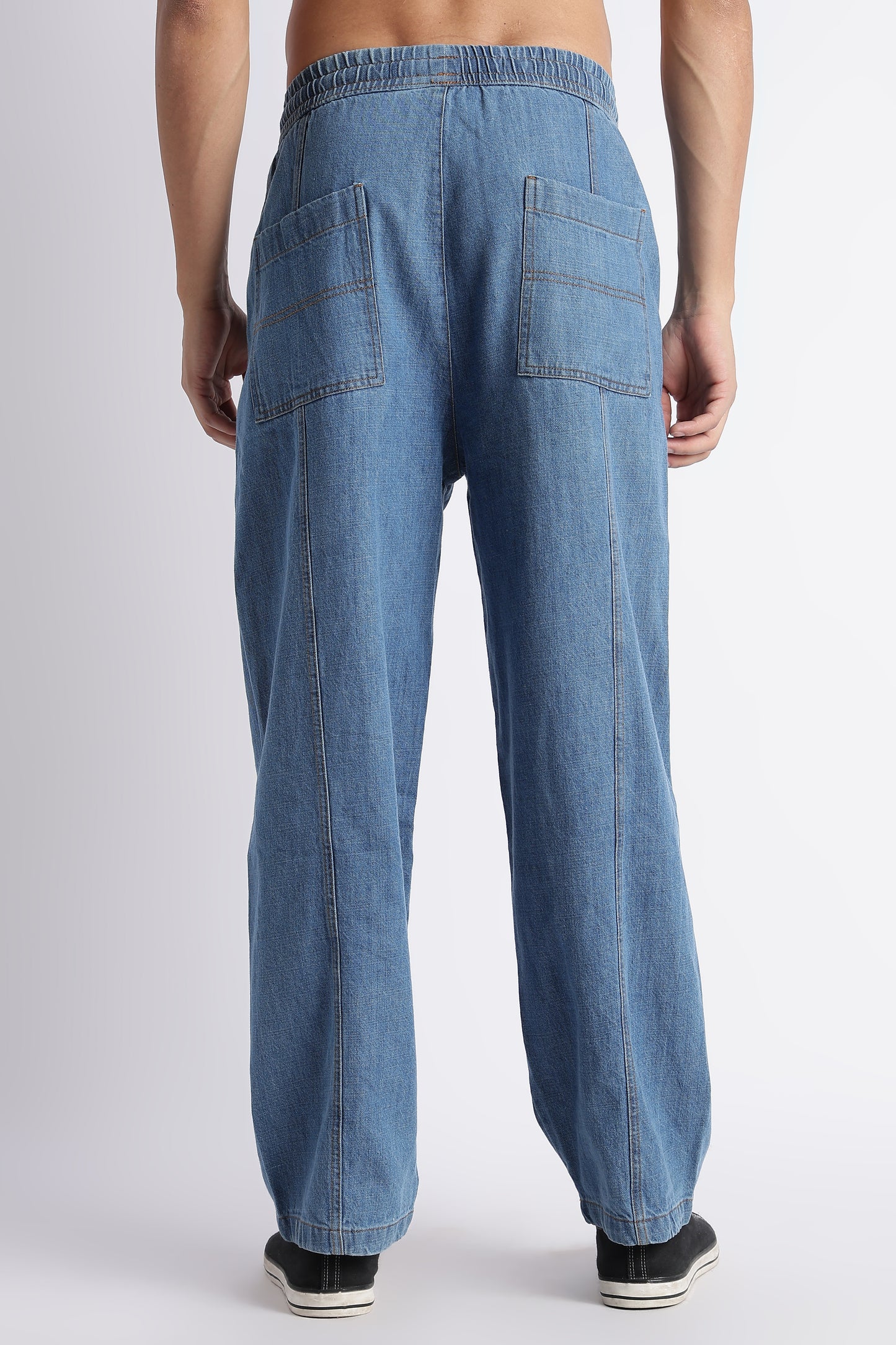 Mid Blue Wide-Leg Drawstring Denim Pants
