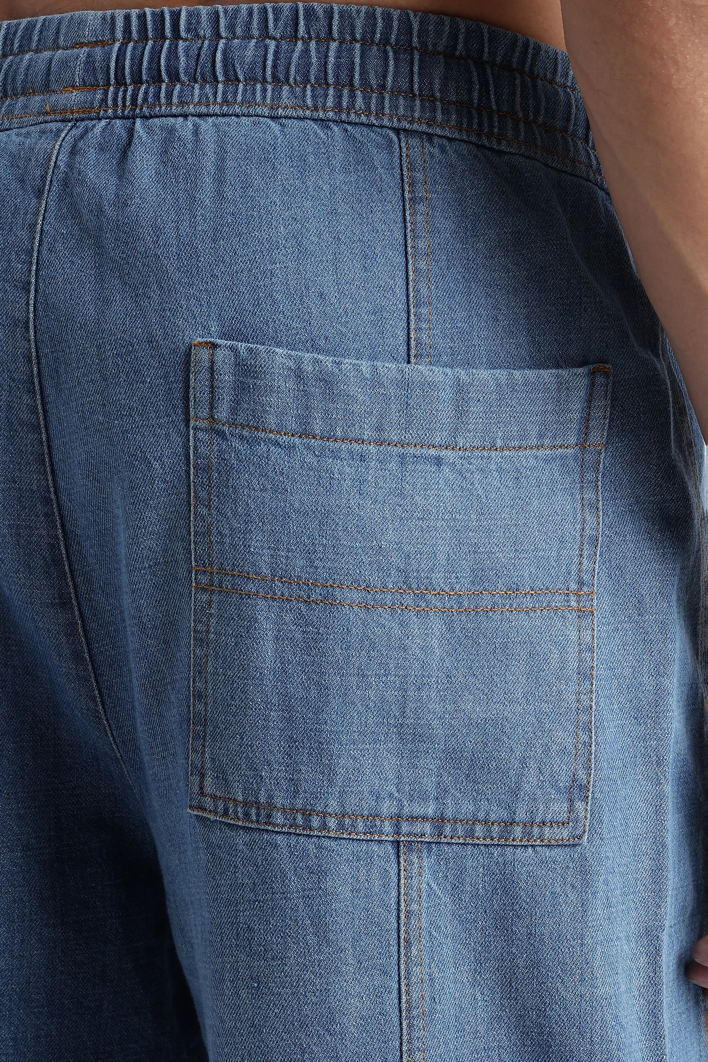Mid Blue Wide-Leg Drawstring Denim Pants