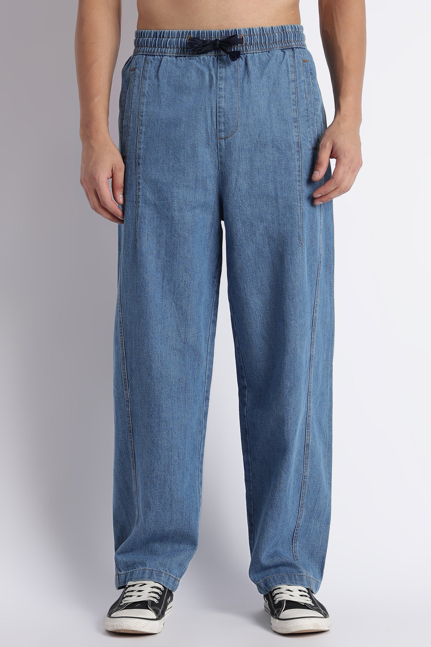 Mid Blue Wide-Leg Drawstring Denim Pants