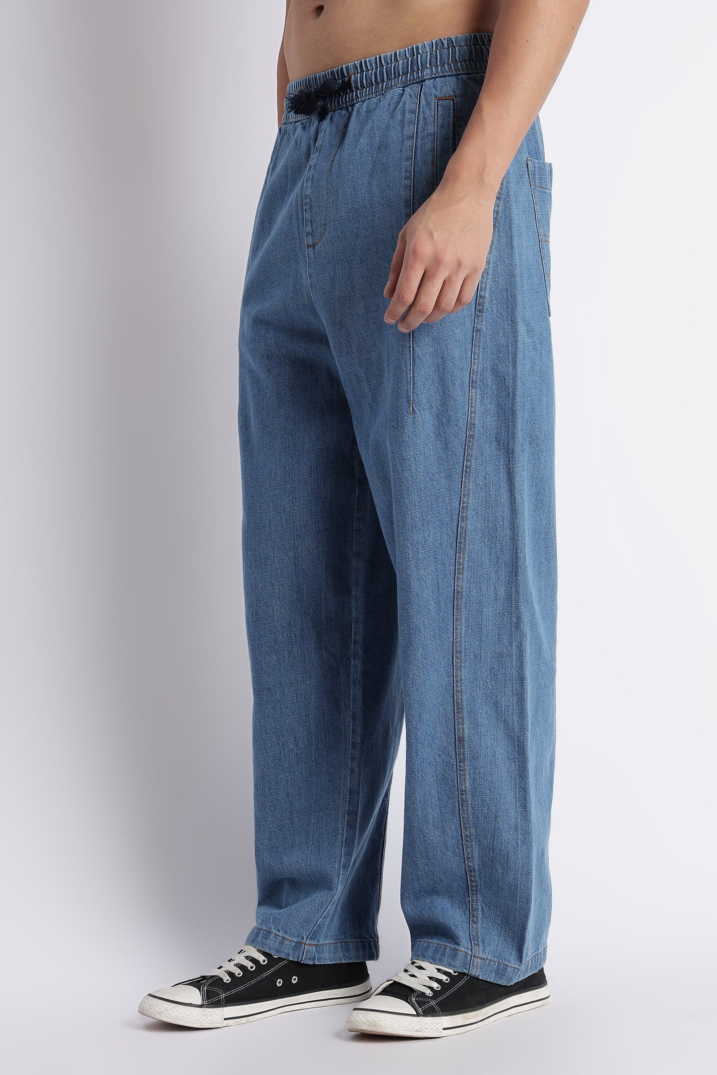 Mid Blue Wide-Leg Drawstring Denim Pants