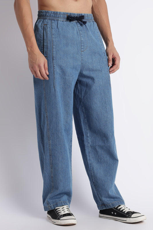 Men's Mid Blue Wide Leg Denim Drawstring Pants