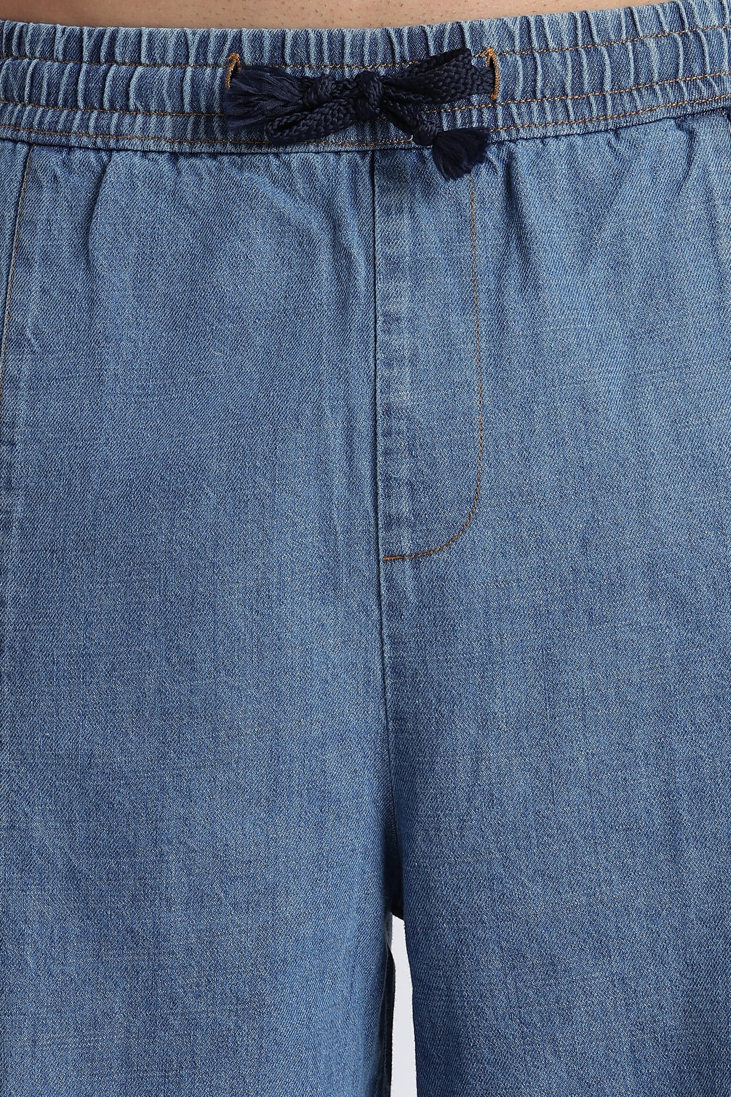 Mid Blue Wide-Leg Drawstring Denim Pants