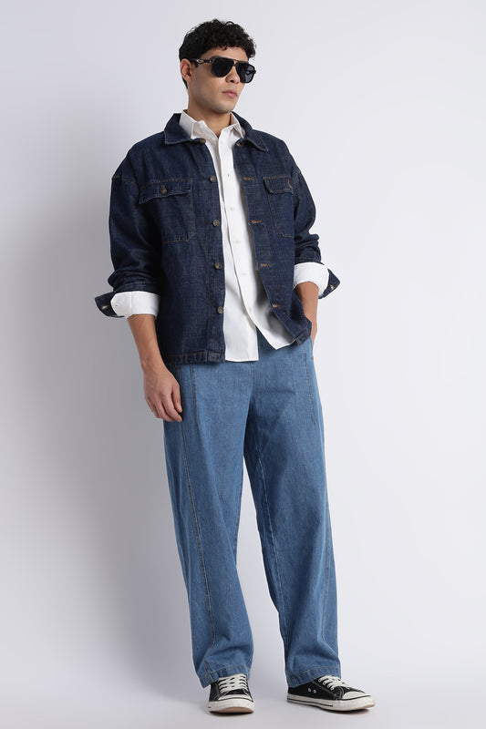 Men's Mid Blue Wide Leg Denim Drawstring Pants