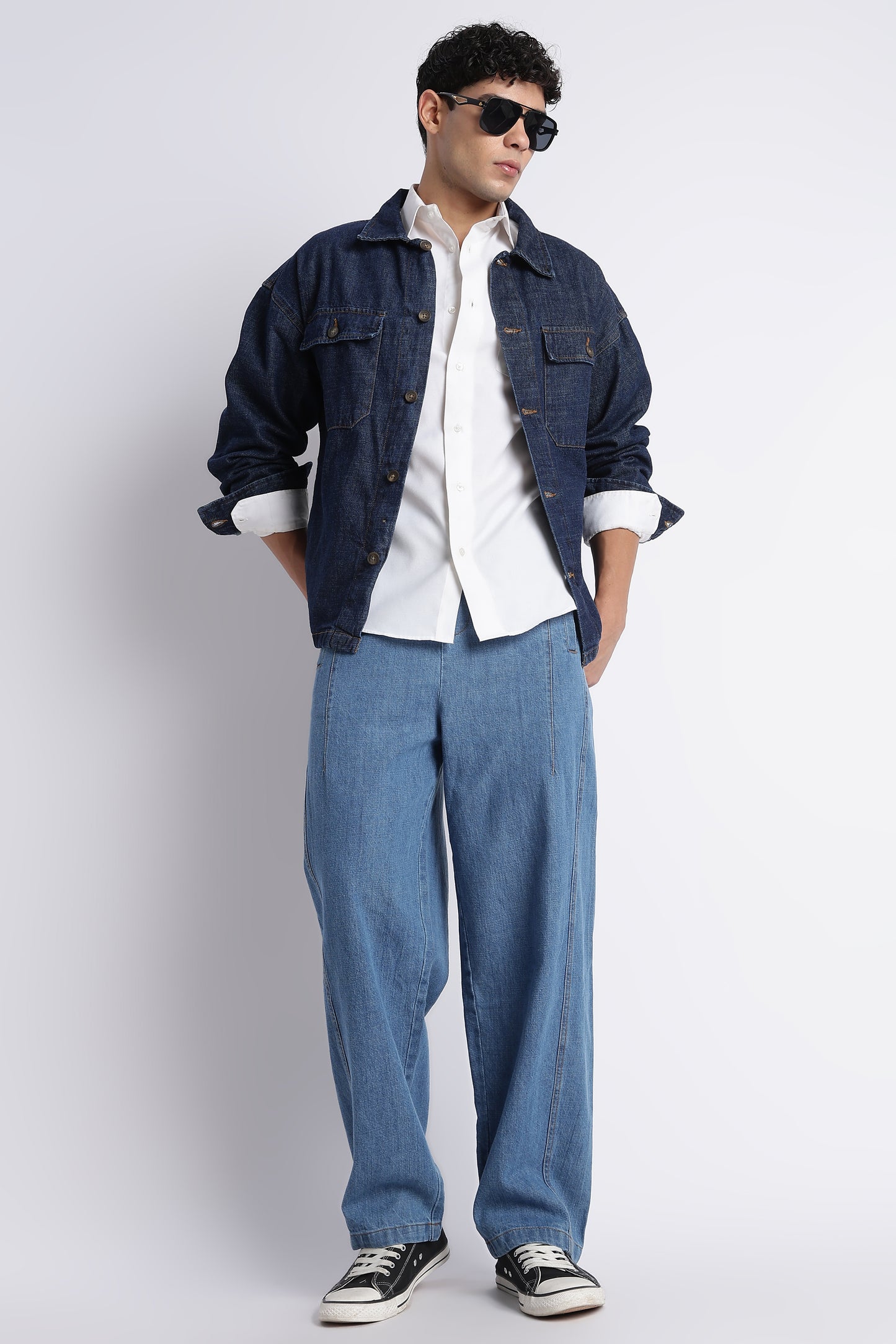 Mid Blue Wide-Leg Drawstring Denim Pants