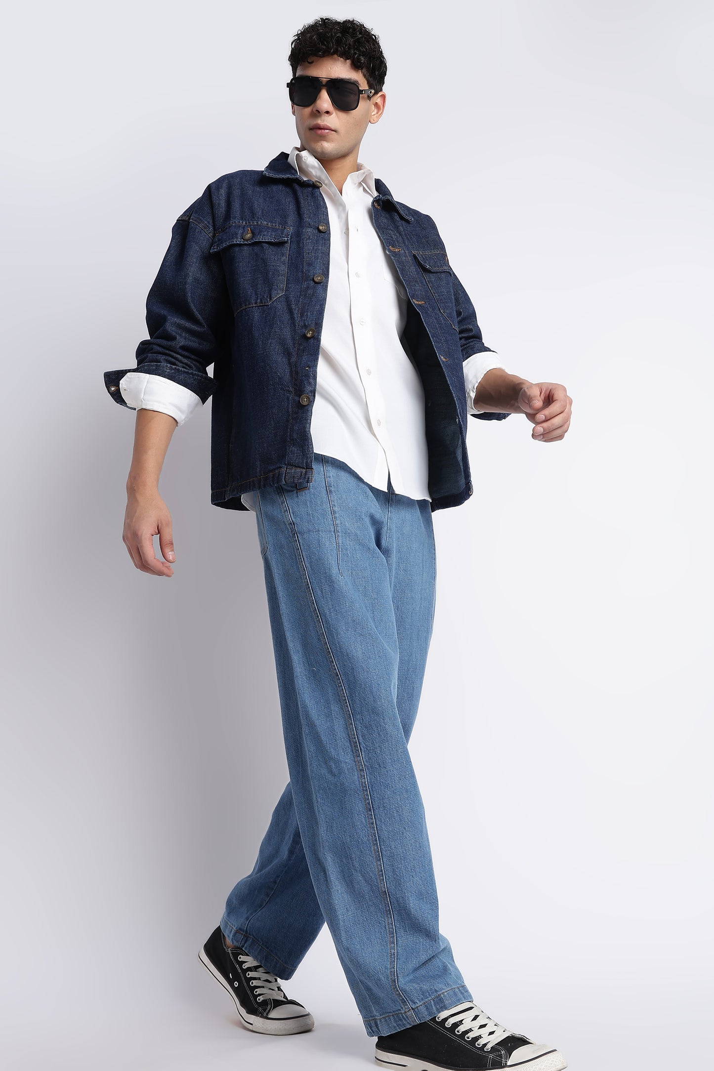 Mid Blue Wide-Leg Drawstring Denim Pants
