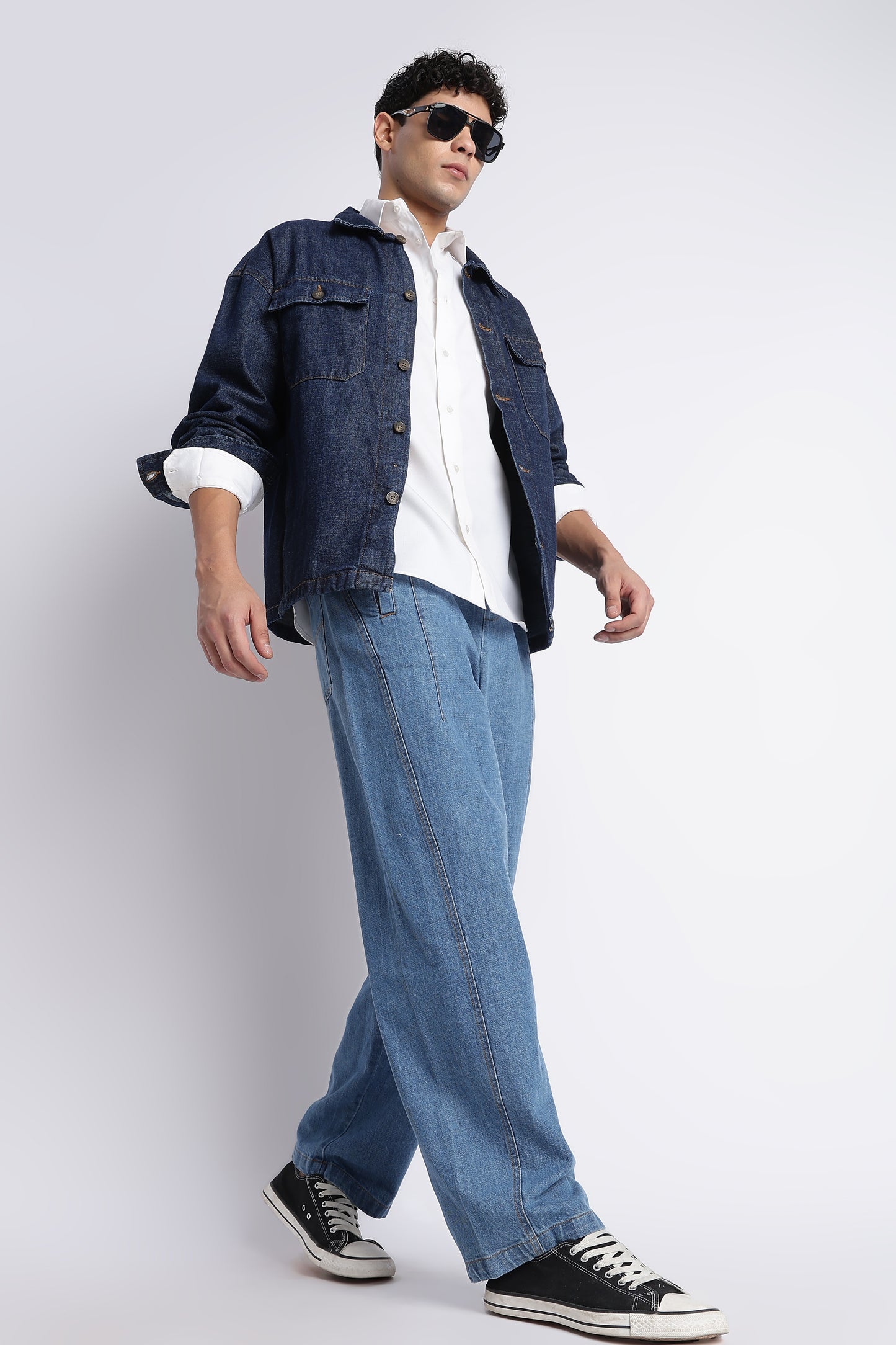 Mid Blue Wide-Leg Drawstring Denim Pants
