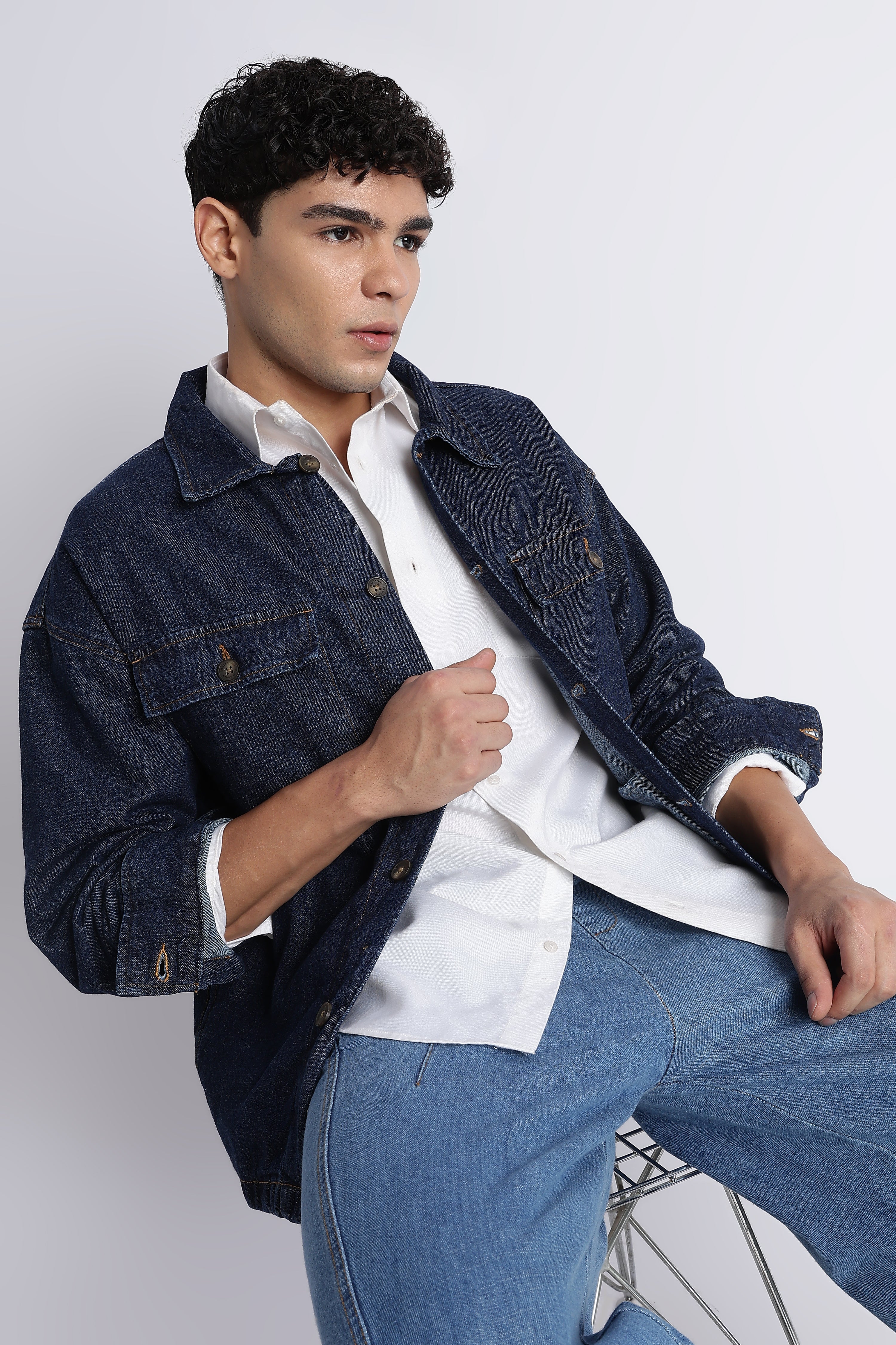 Men's Dark Blue Denim Shacket - Oversized Fit
