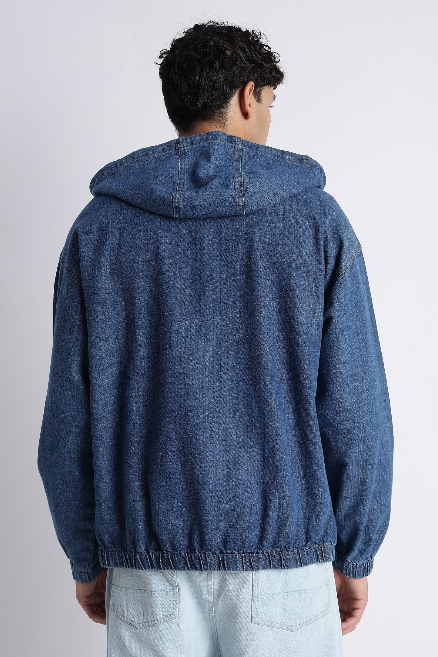 Mid Blue Denim Zip-Up Hoodie Jacket for Men