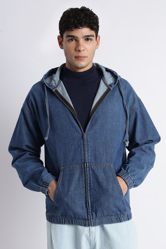 Men's Mid Blue Denim Zipper Hoodie - Relaxed Fit