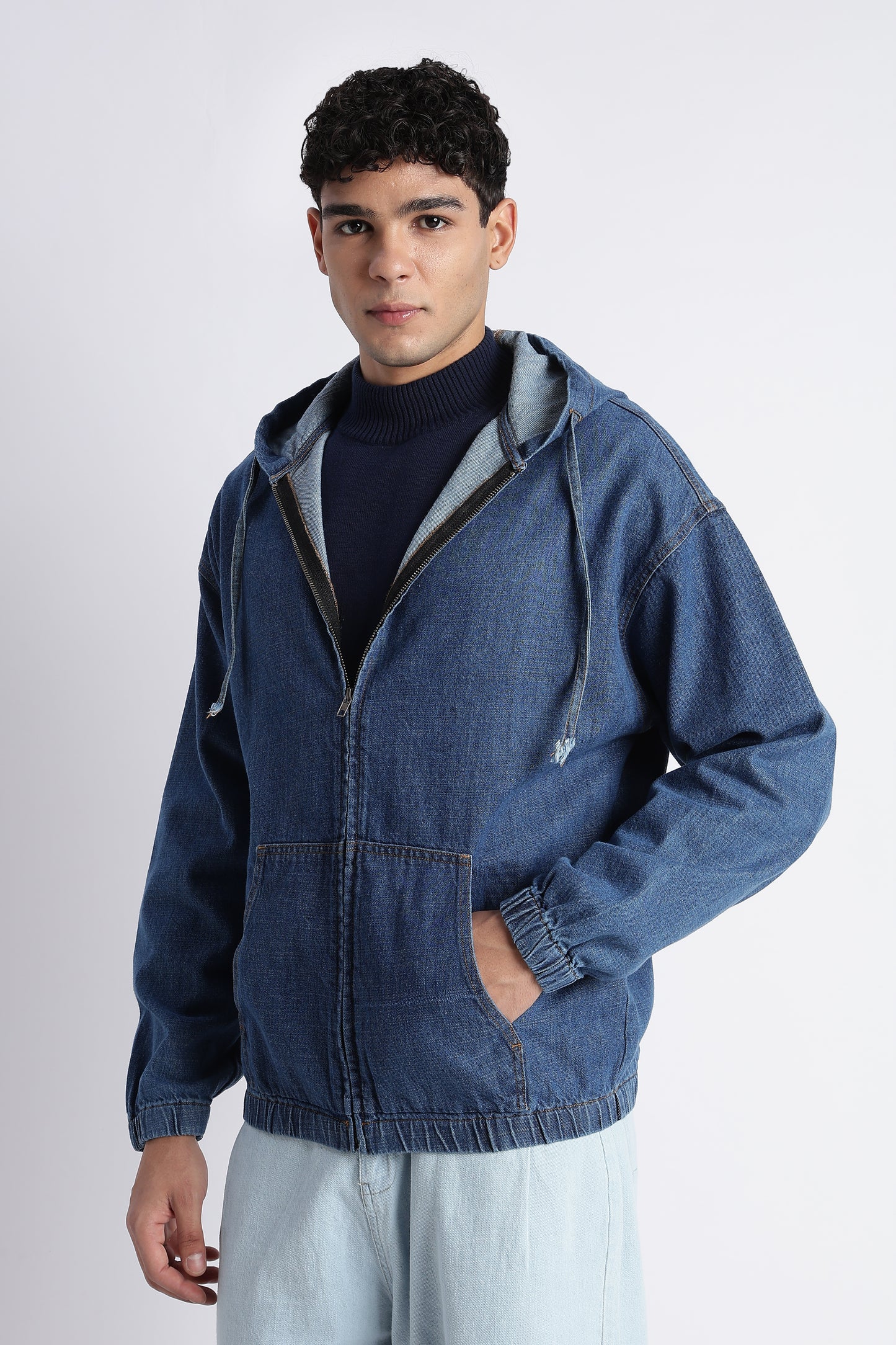 Mid Blue Denim Zip-Up Hoodie Jacket for Men