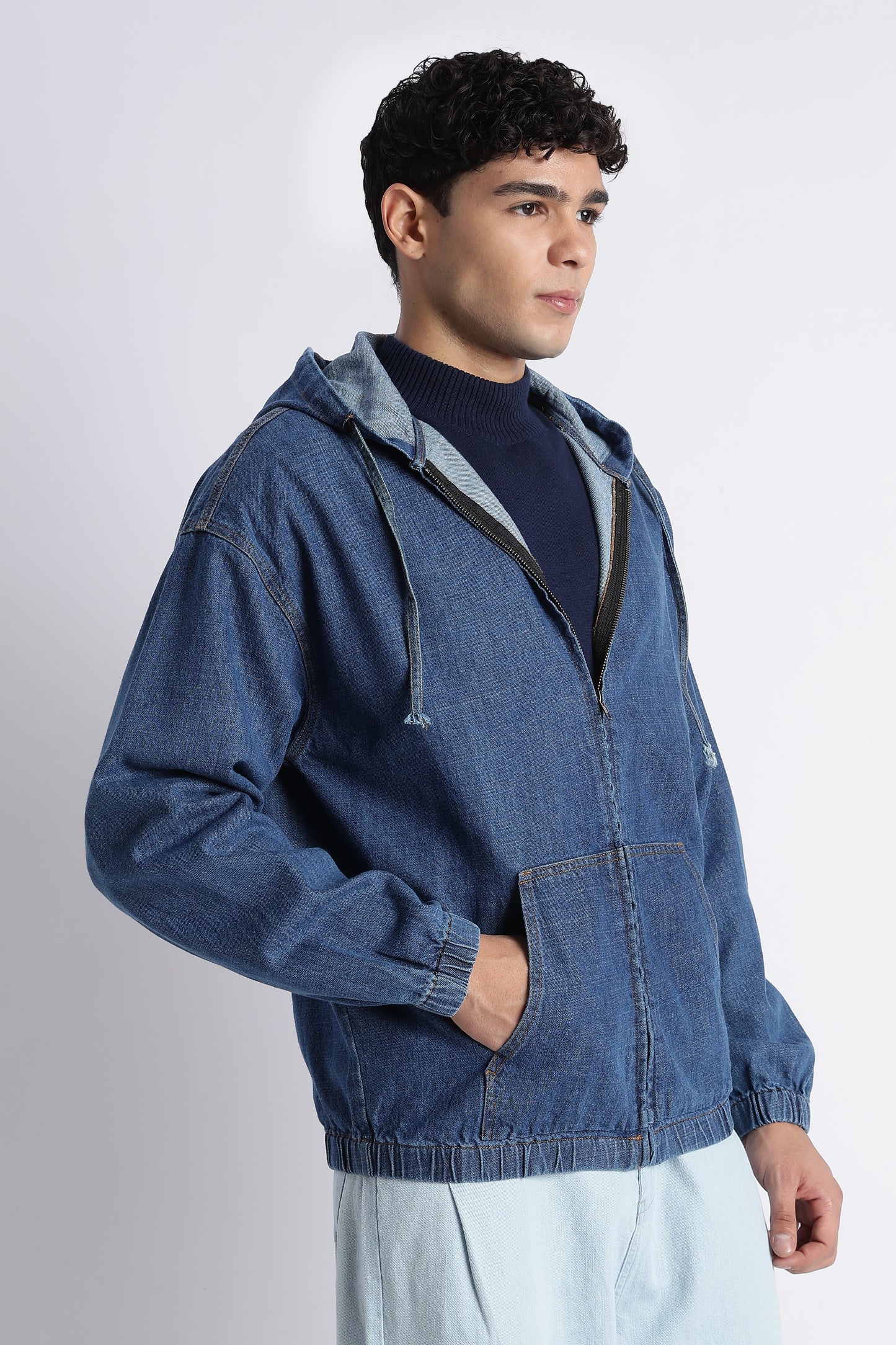 Mid Blue Denim Zip-Up Hoodie Jacket for Men