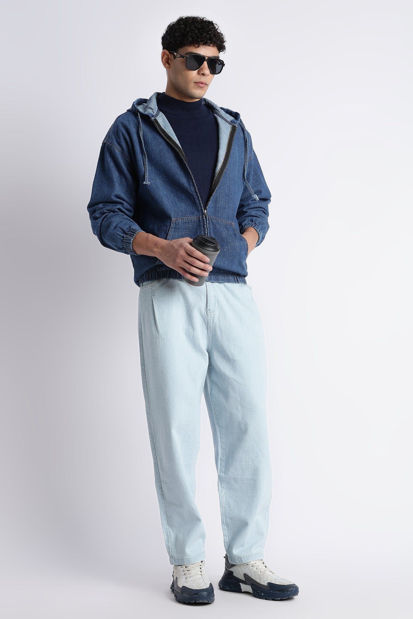 Mid Blue Denim Zip-Up Hoodie Jacket for Men