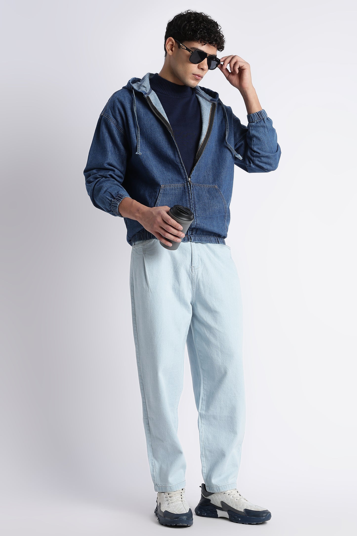 Mid Blue Denim Zip-Up Hoodie Jacket for Men