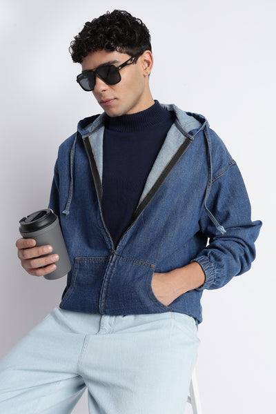 Mid Blue Denim Zip-Up Hoodie