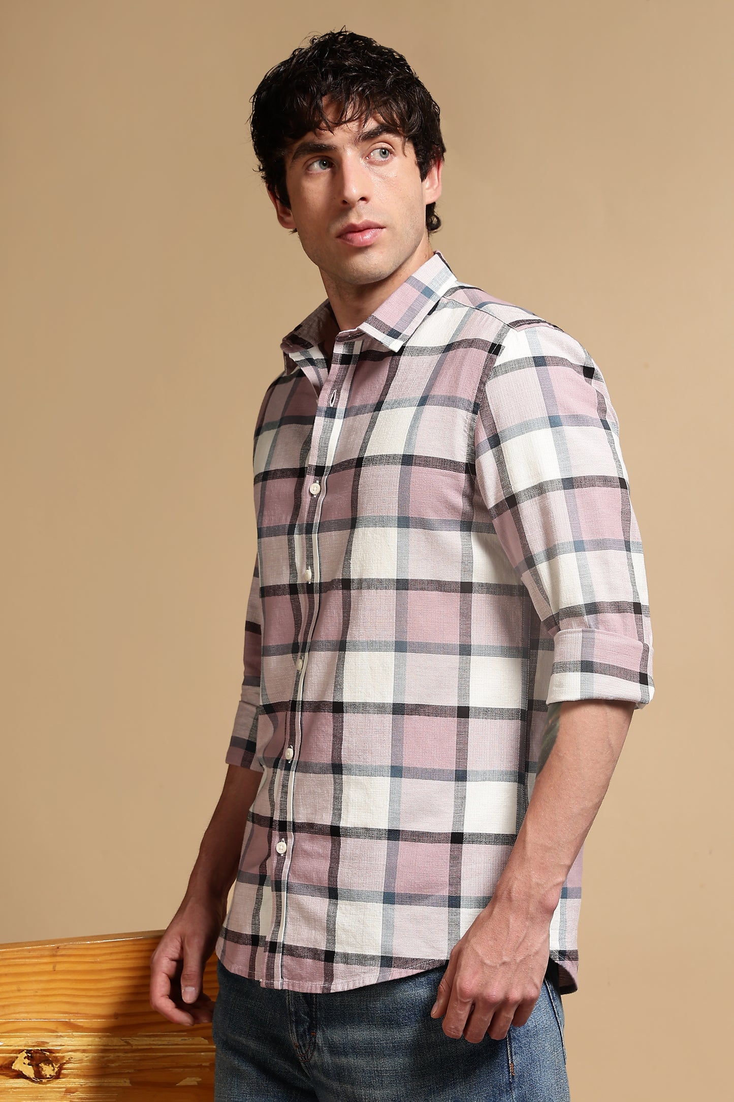 Slim Fit Cotton Check Shirt Pink