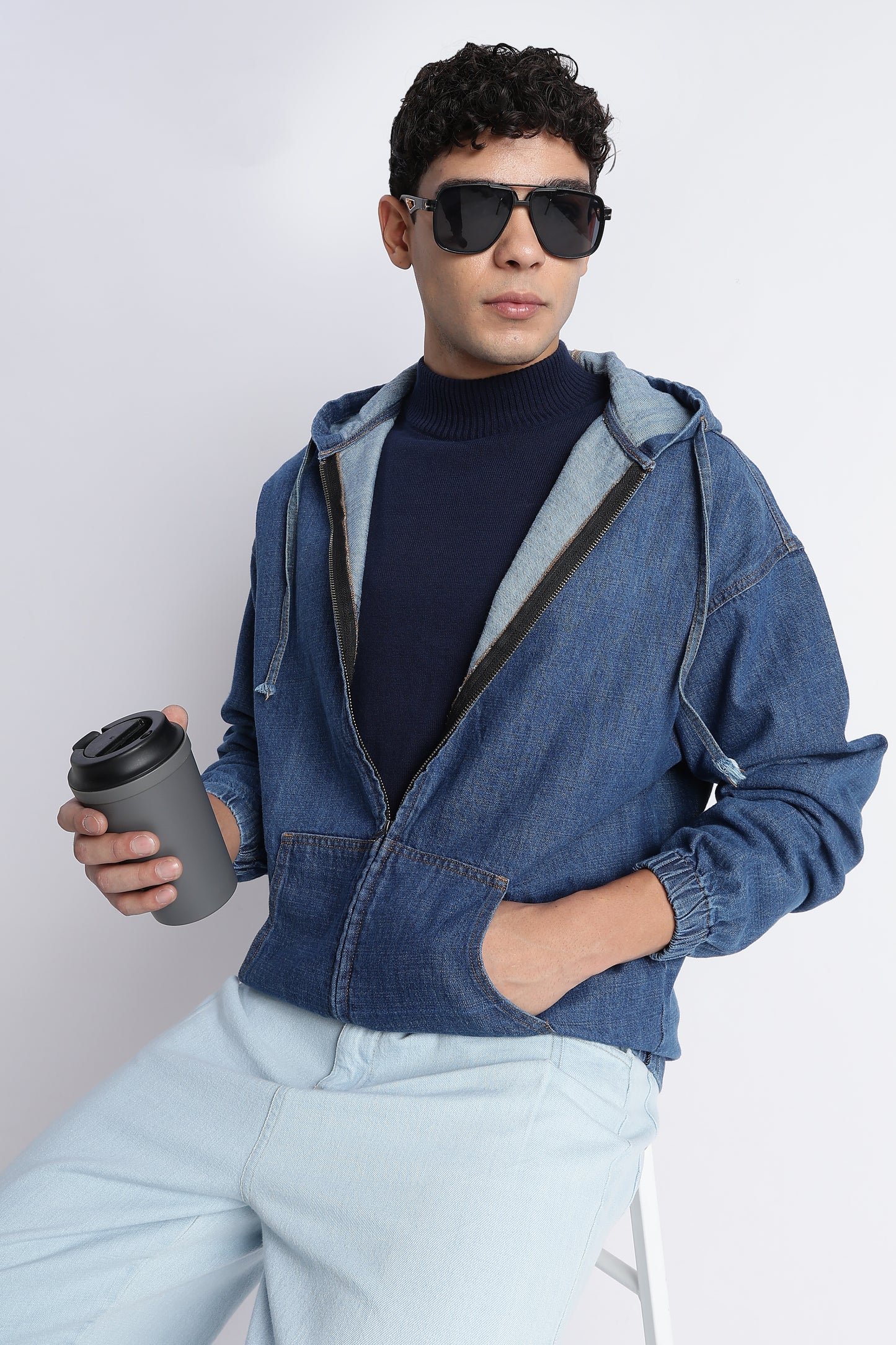 Mid Blue Denim Zip-Up Hoodie Jacket for Men