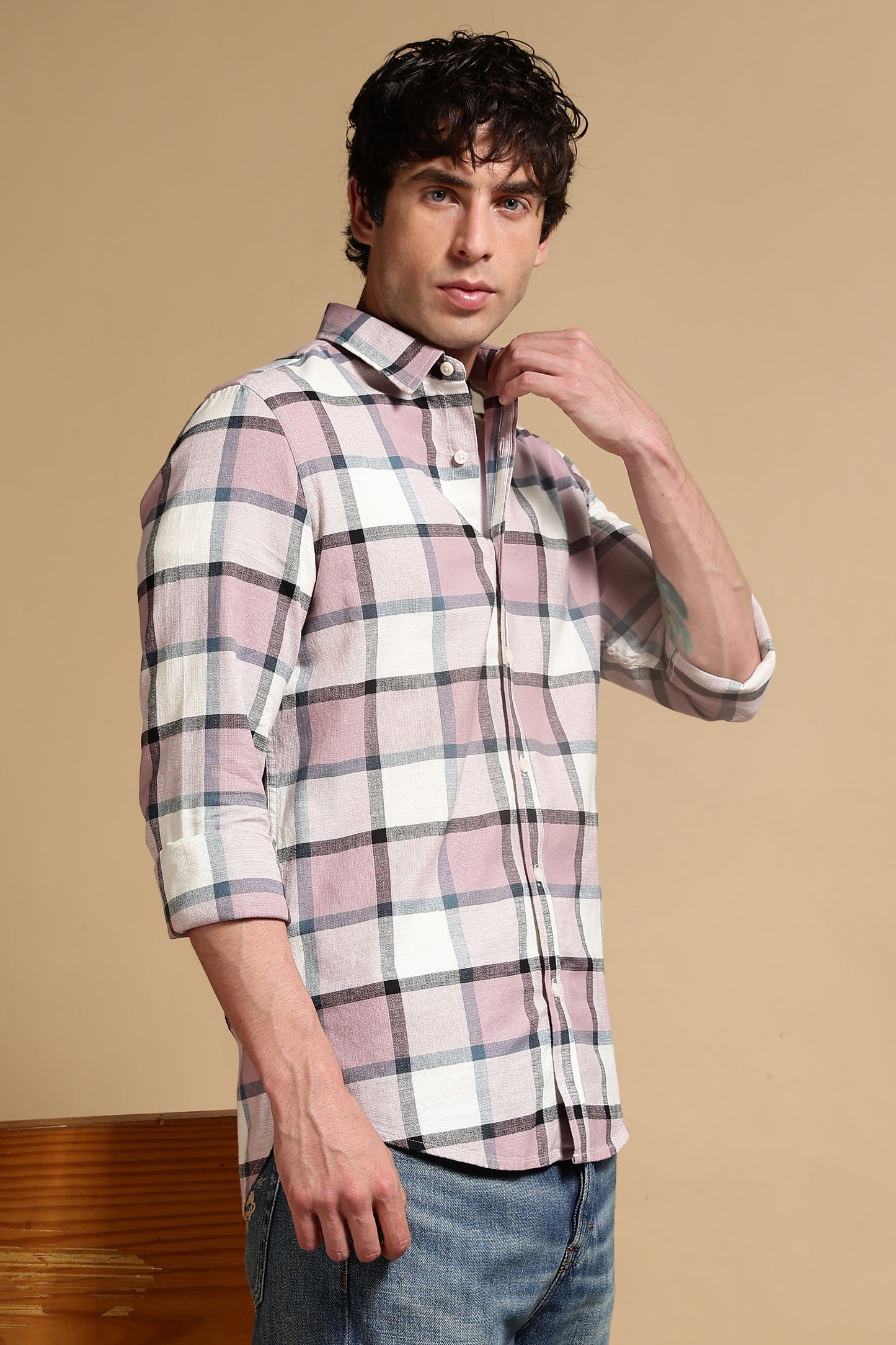 Slim Fit Cotton Check Shirt Pink