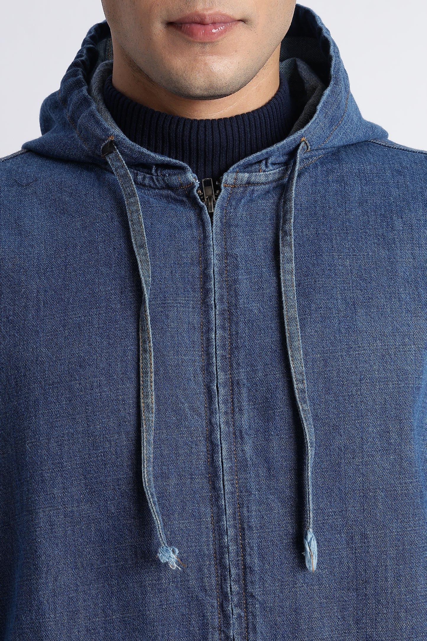 Mid Blue Denim Zip-Up Hoodie Jacket for Men