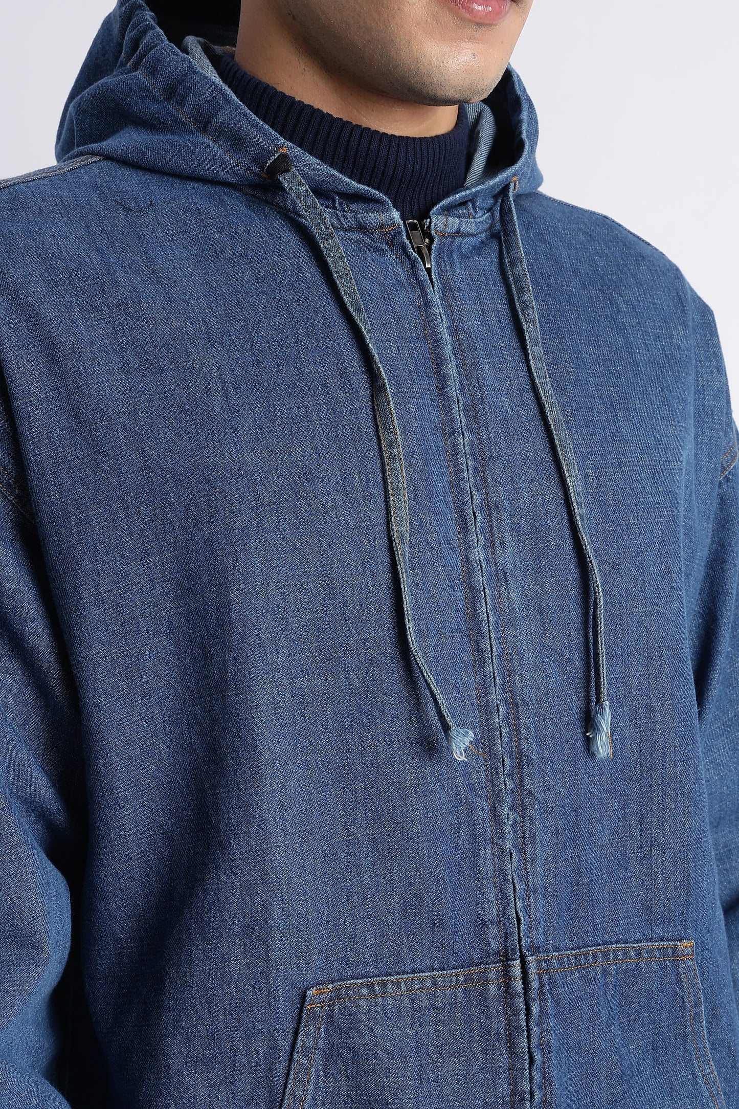 Mid Blue Denim Zip-Up Hoodie Jacket for Men