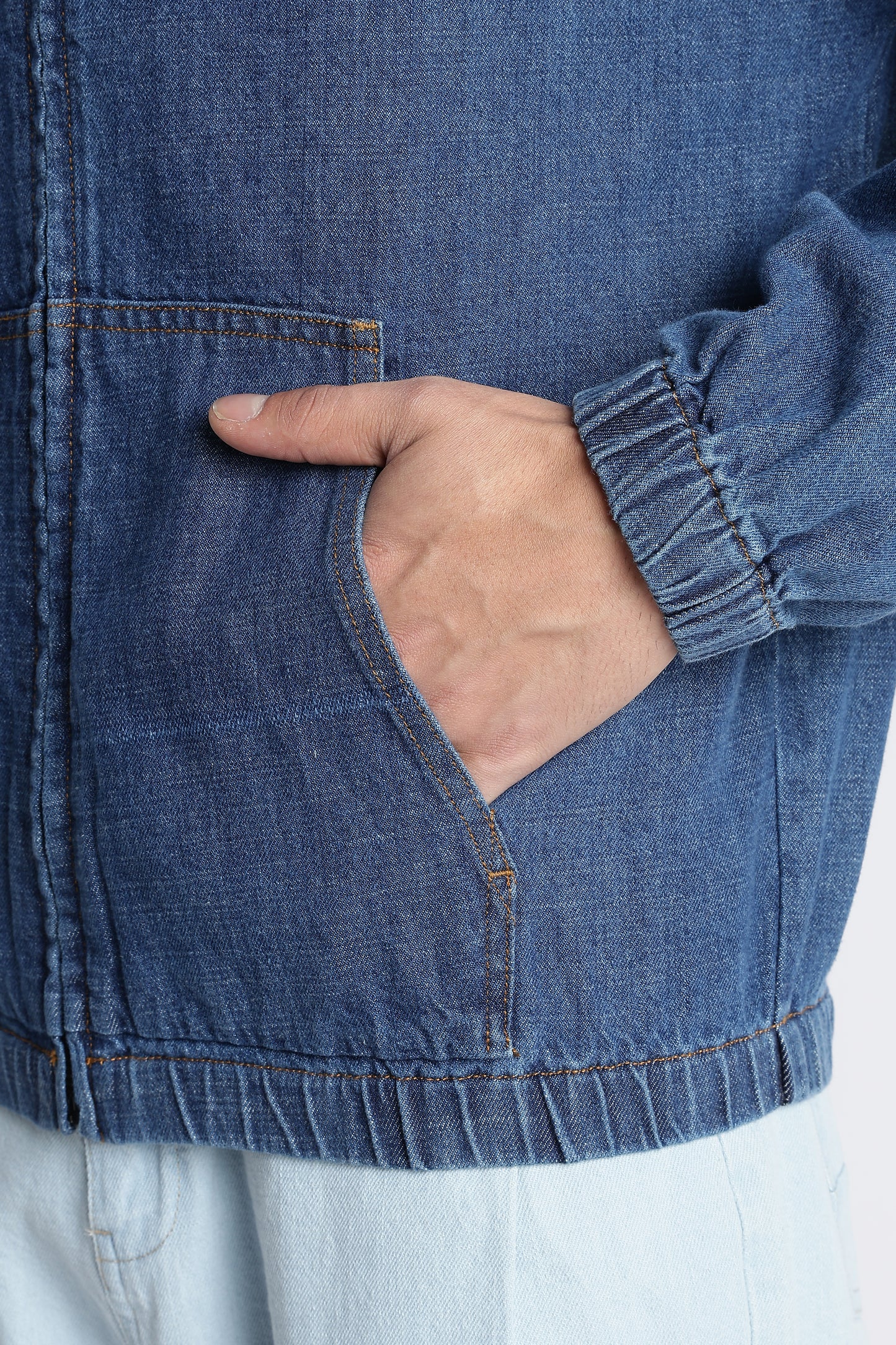Mid Blue Denim Zip-Up Hoodie Jacket for Men