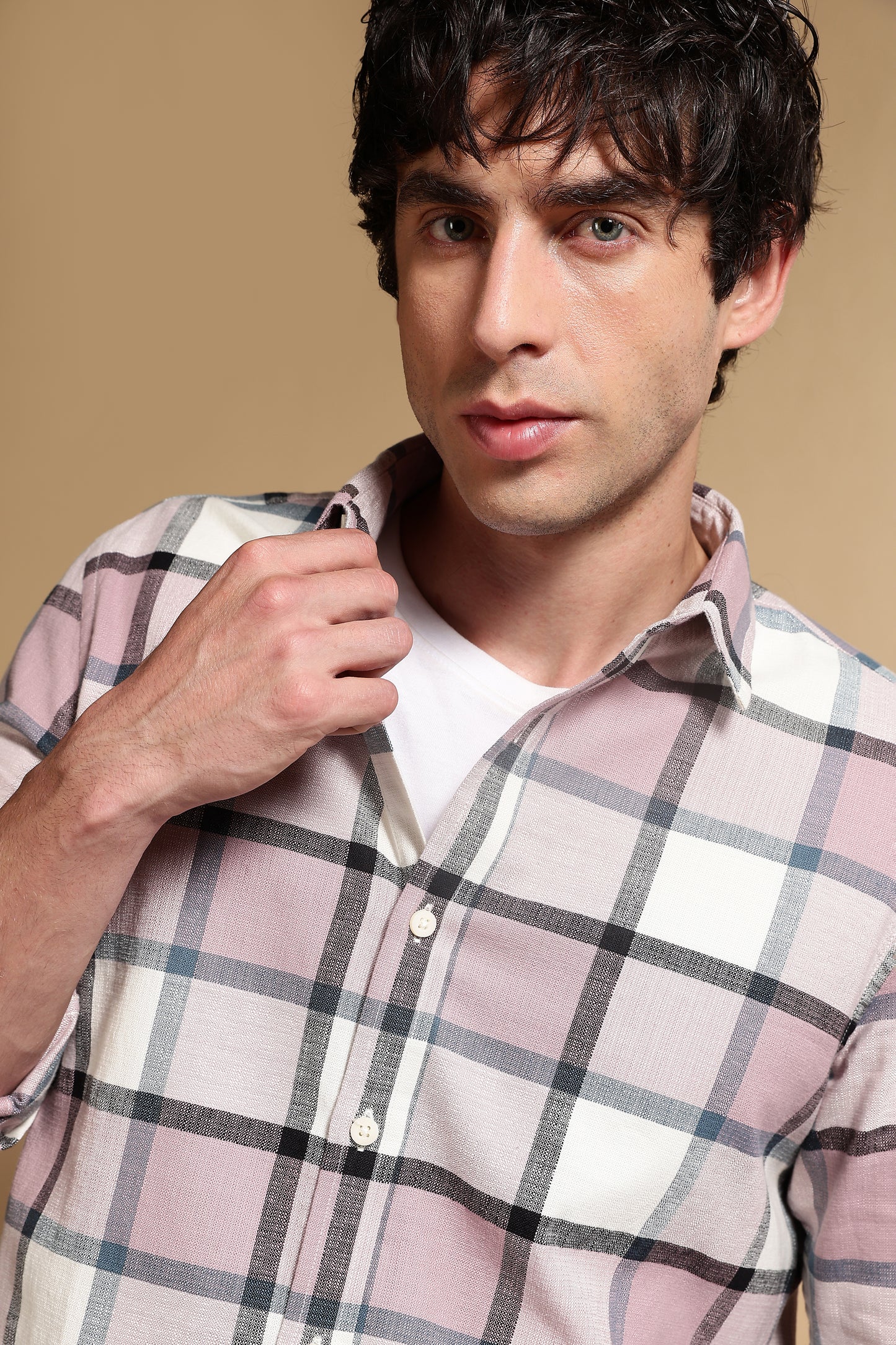 Slim Fit Cotton Check Shirt Pink