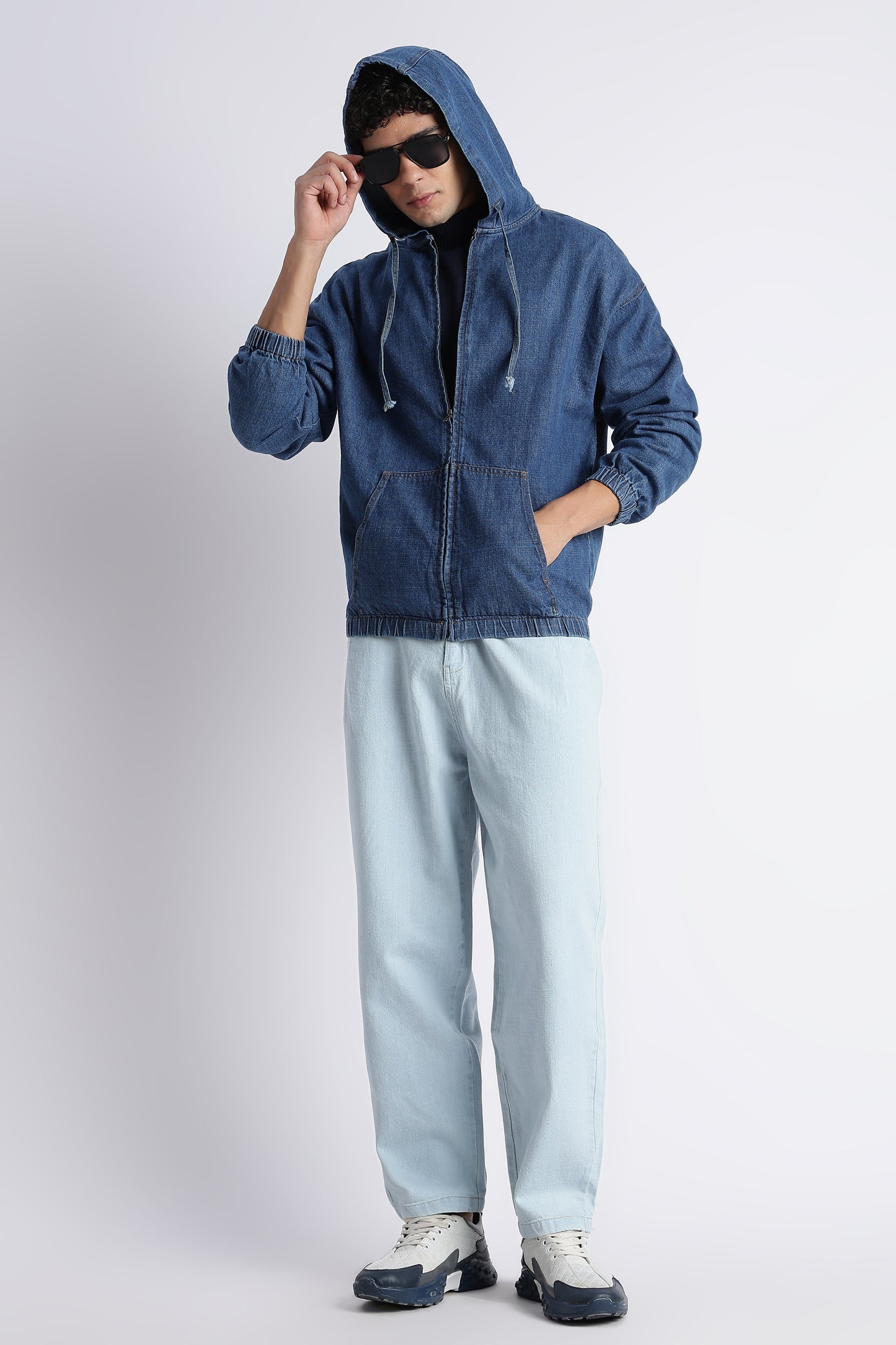Mid Blue Denim Zip-Up Hoodie Jacket for Men