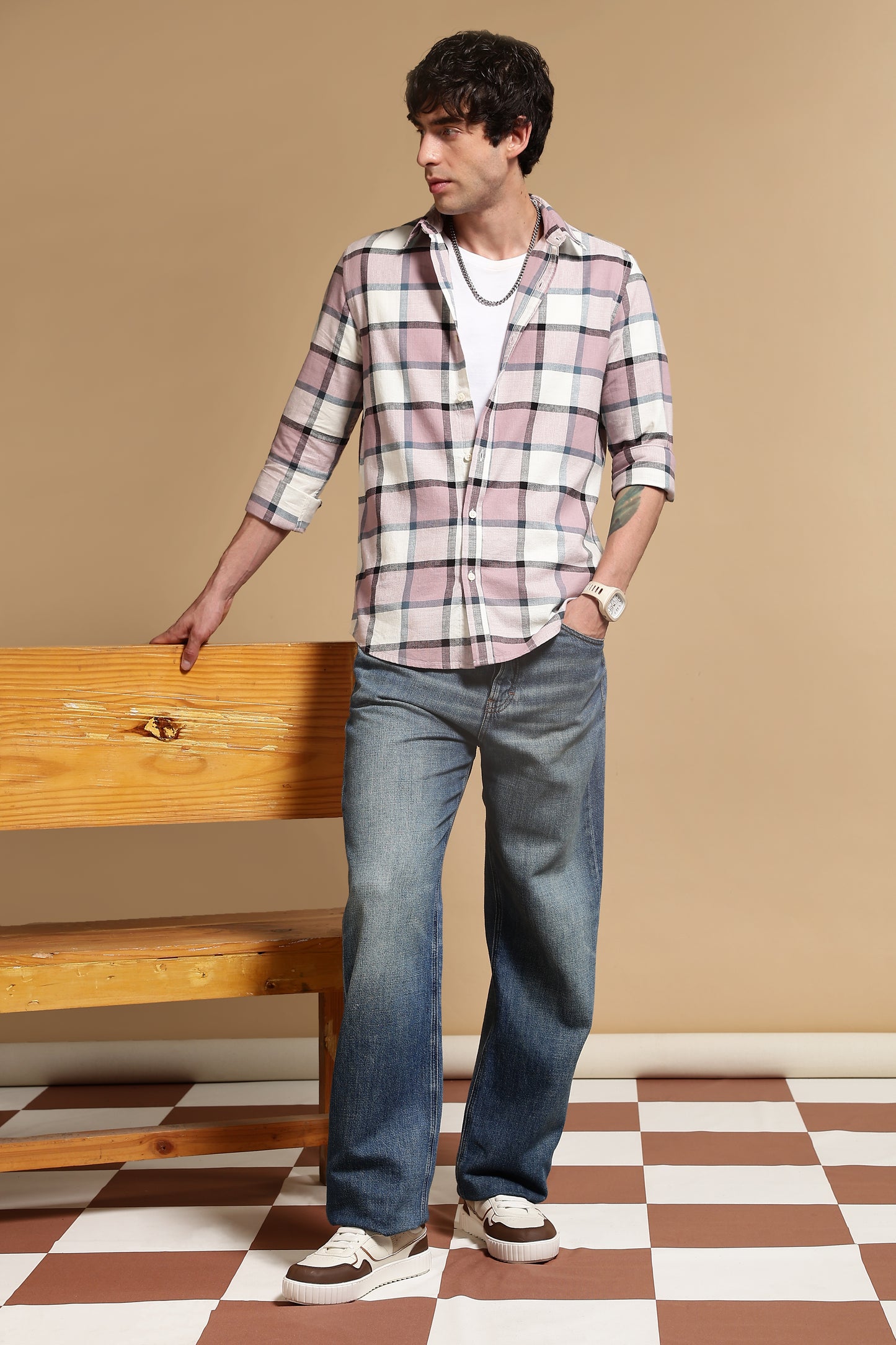 Slim Fit Cotton Check Shirt Pink