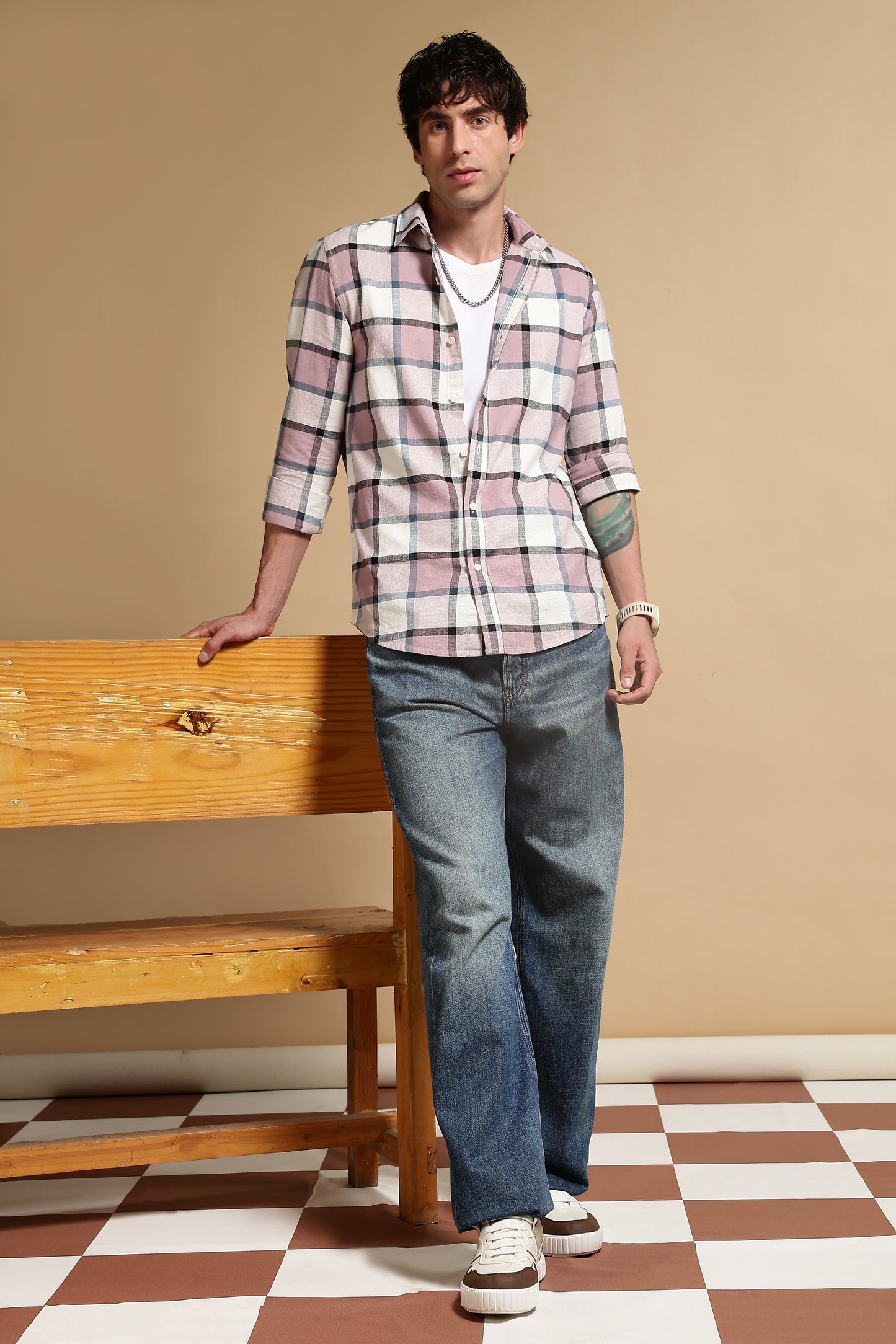 Slim Fit Cotton Check Shirt Pink