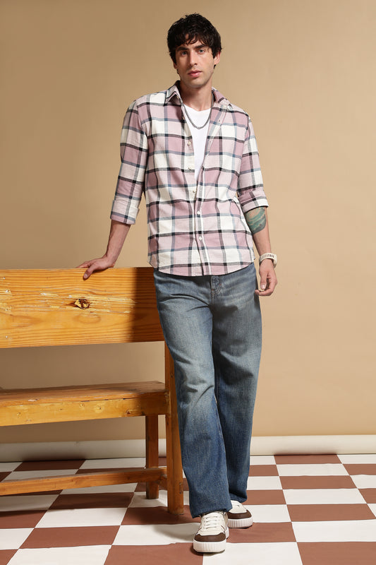 Slim Fit Cotton Check Shirt Pink