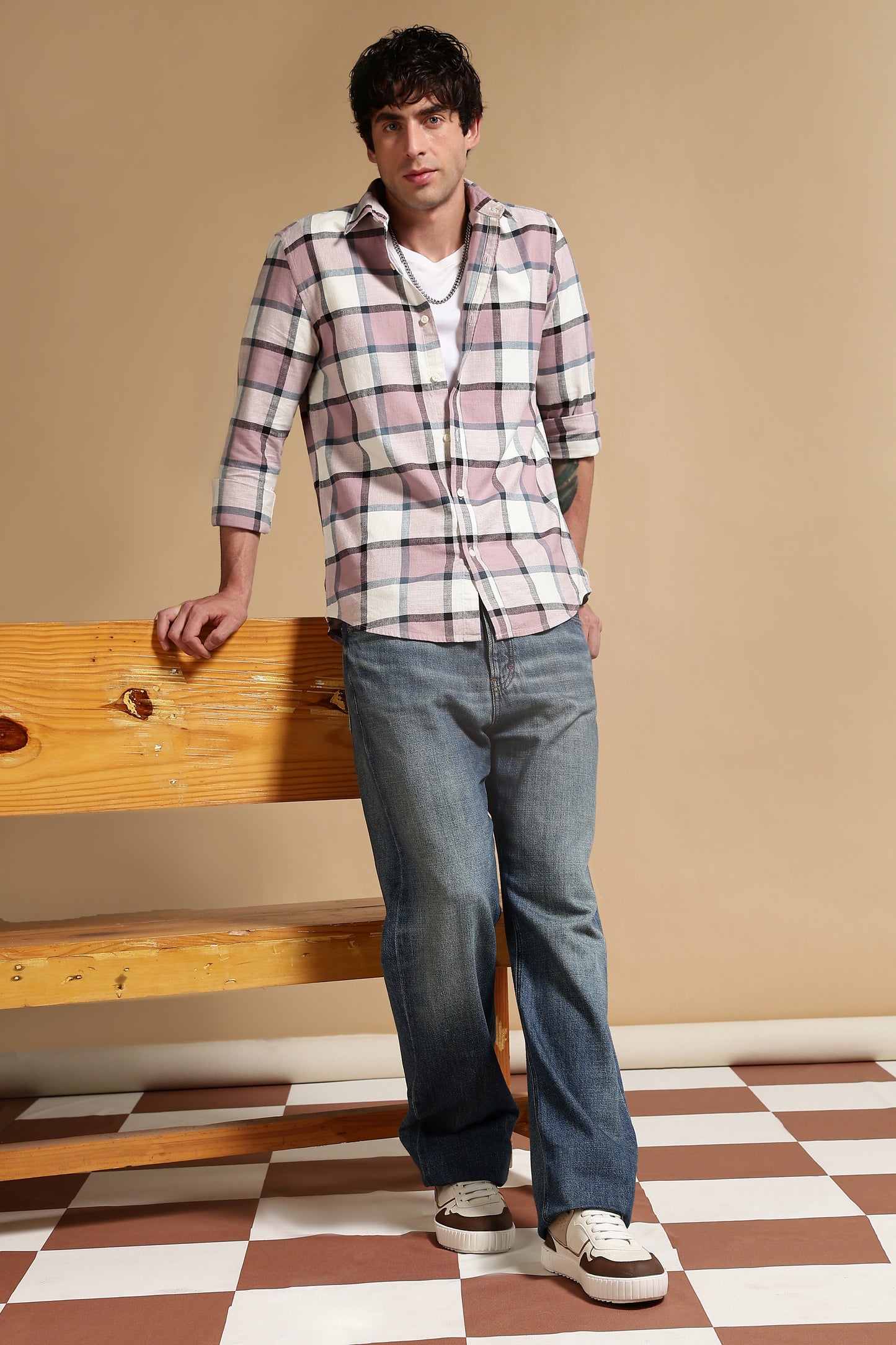 Slim Fit Cotton Check Shirt Pink