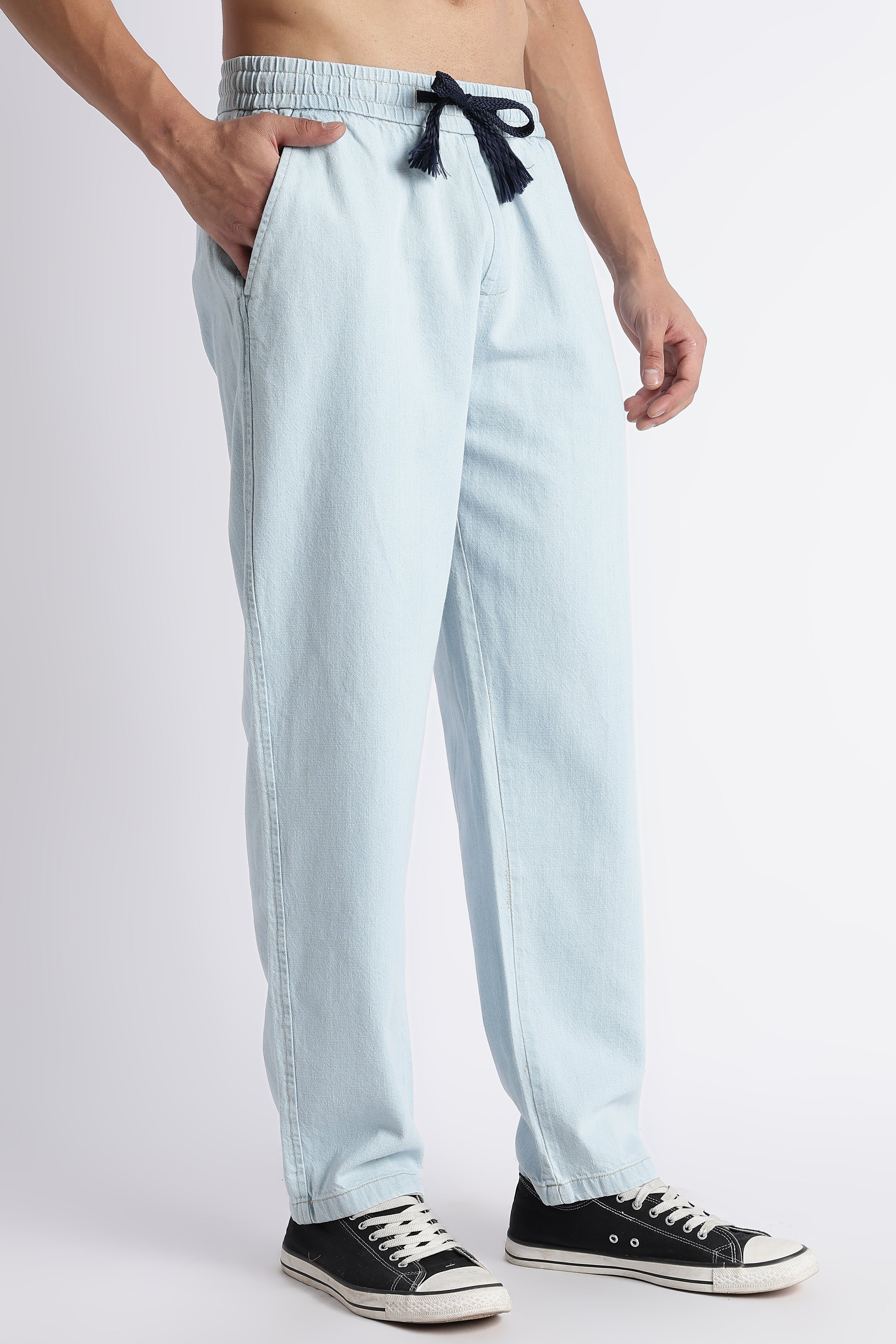 Men's Ice Blue Denim Drawstring Pyjamas - Relaxed Fit