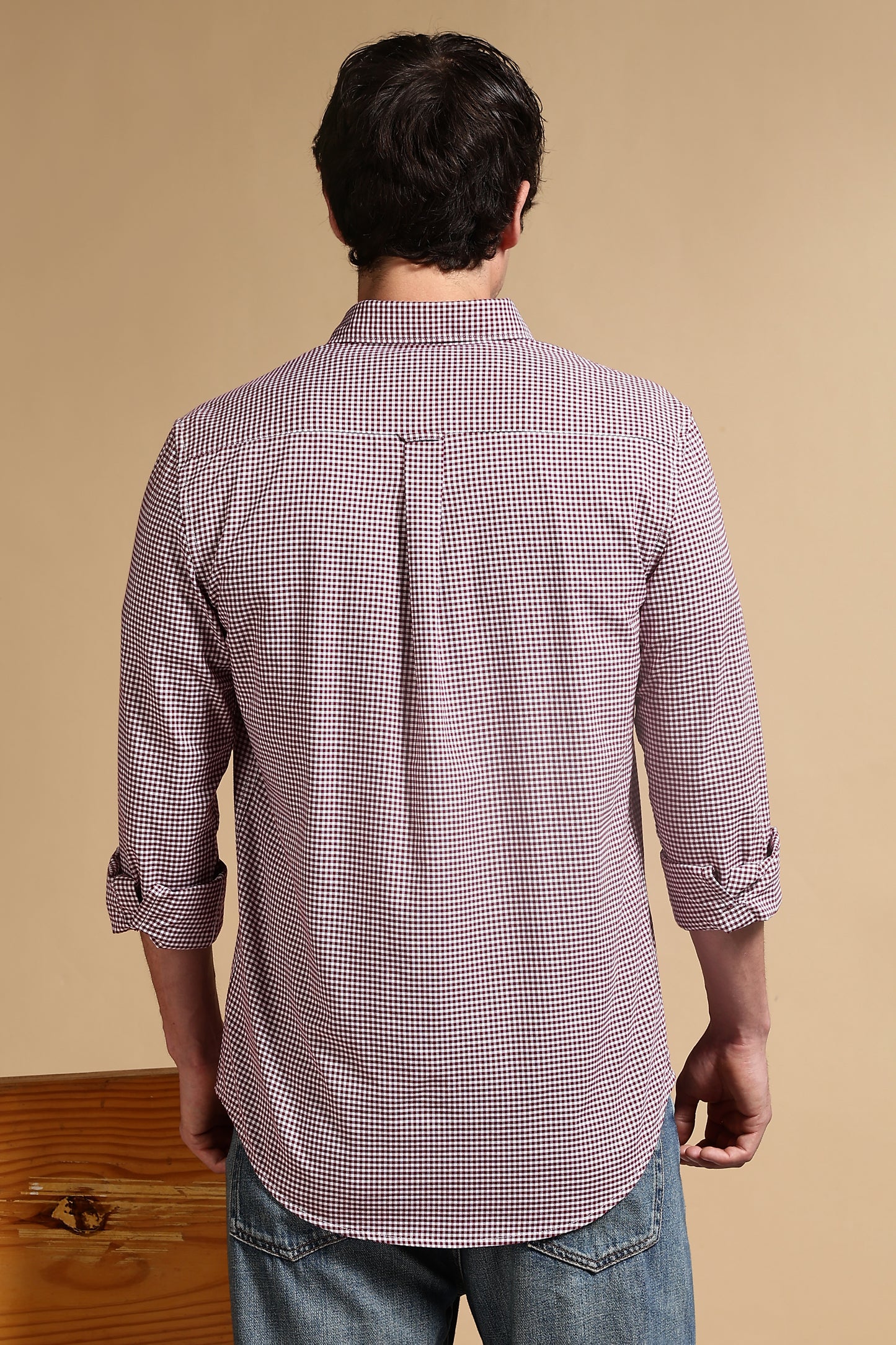 Cotton Oxford Slim Fit Mini Checks Shirt Maroon