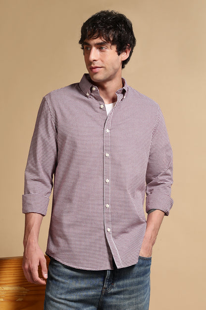 Slim Fit Mini Checks Shirt Maroon