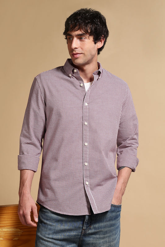 Cotton Oxford Slim Fit Mini Checks Shirt Maroon