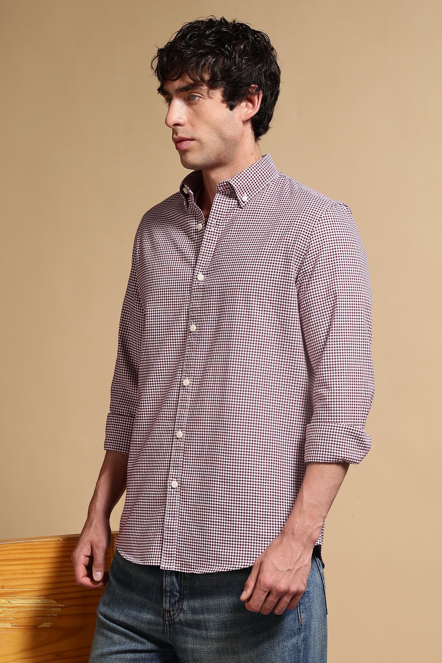 Cotton Oxford Slim Fit Mini Checks Shirt Maroon