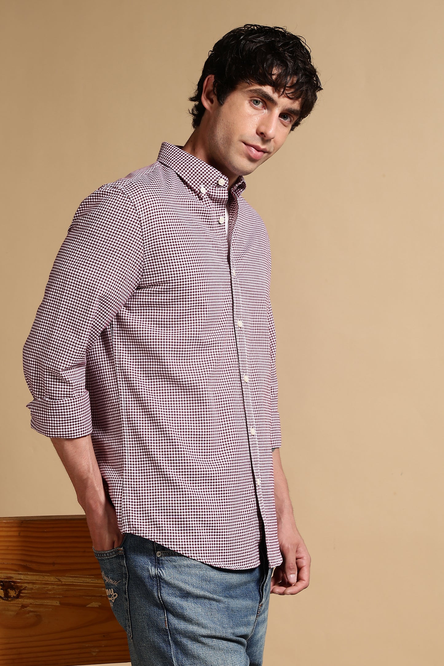 Cotton Oxford Slim Fit Mini Checks Shirt Maroon